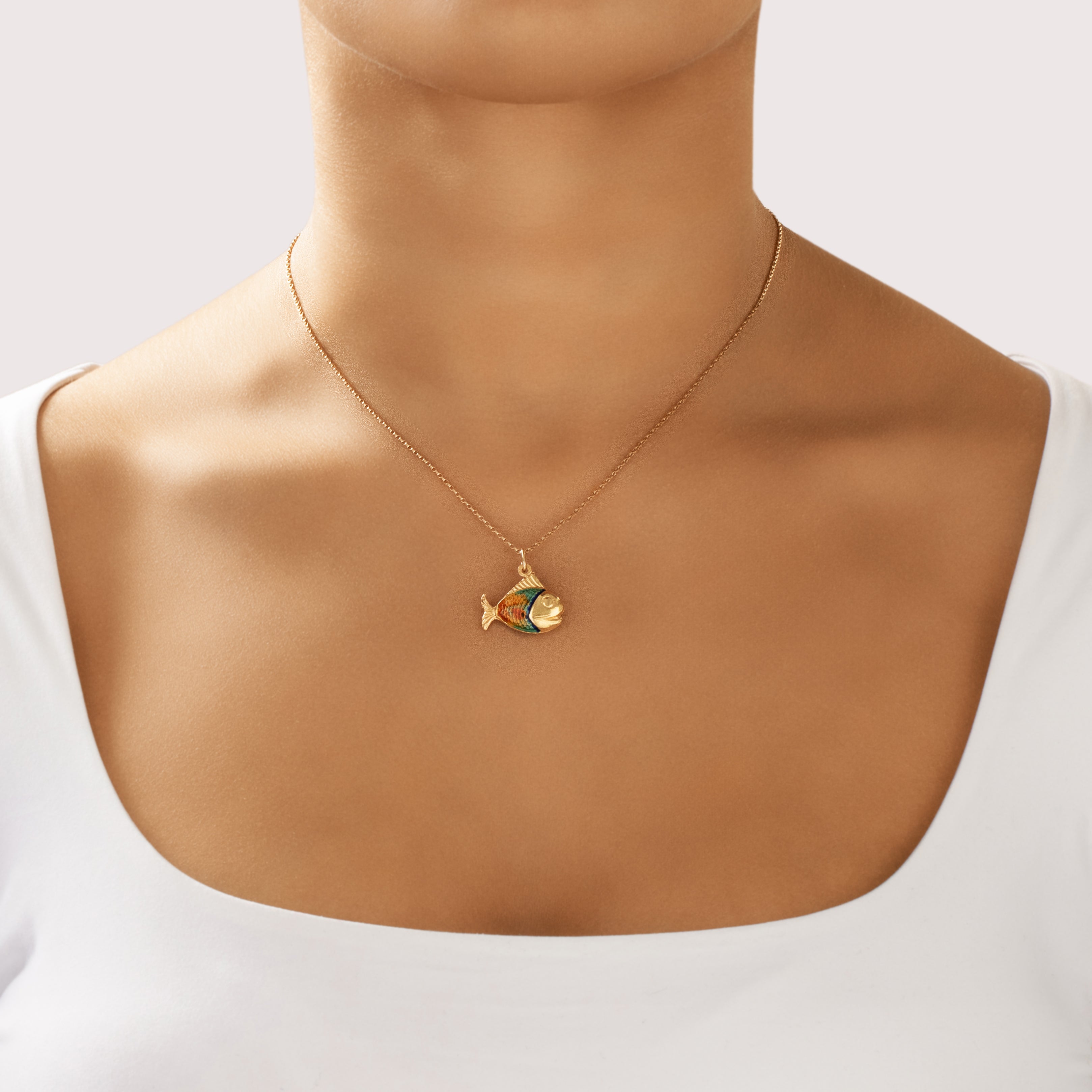 Vintage 18k Yellow Gold Rainbow Fish Charm / Pendant - On model view