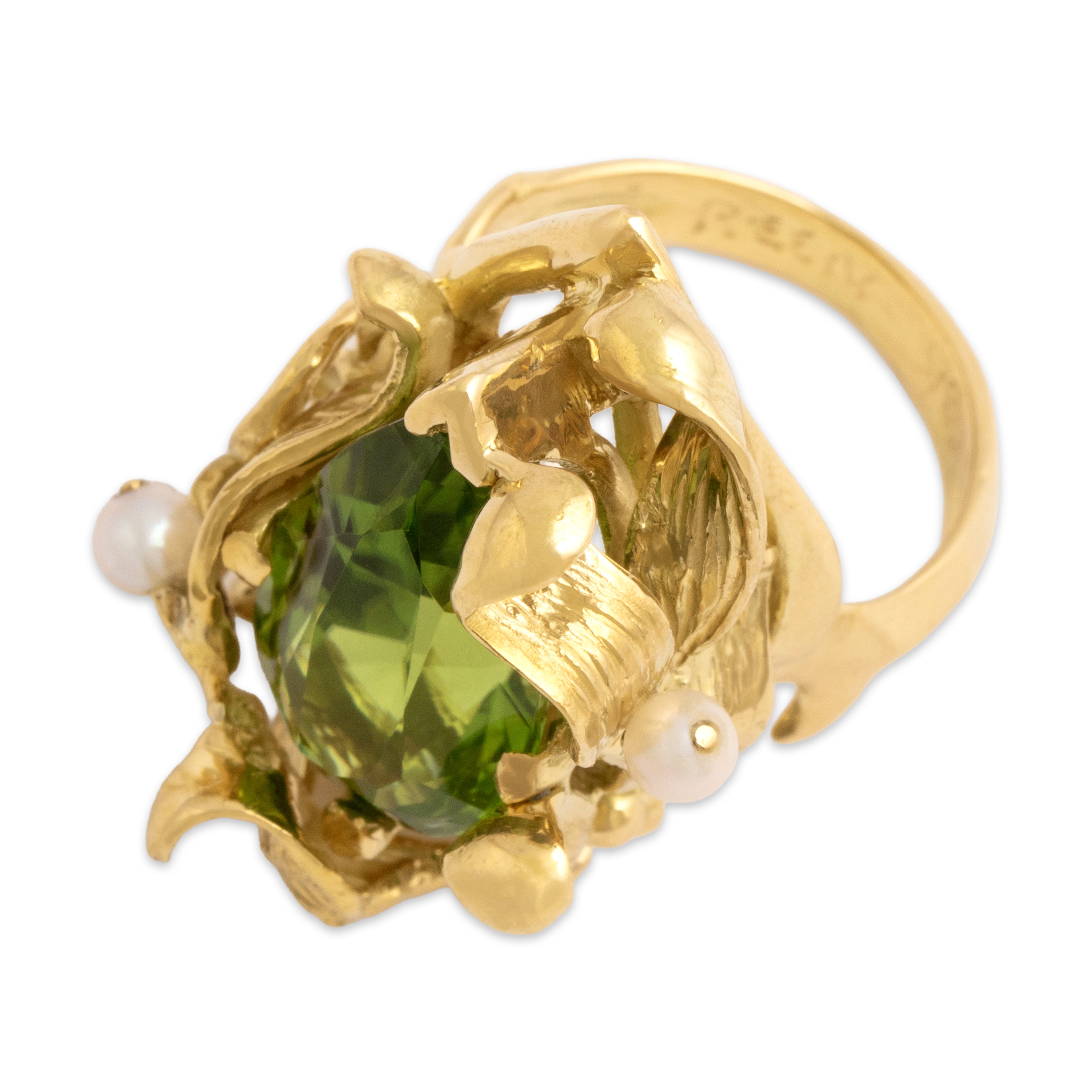 Vintage Heavy 18k Yellow Gold 9.98ct Peridot Pearl Leafy Artistic Sculptural Statement Ring - Overall view
