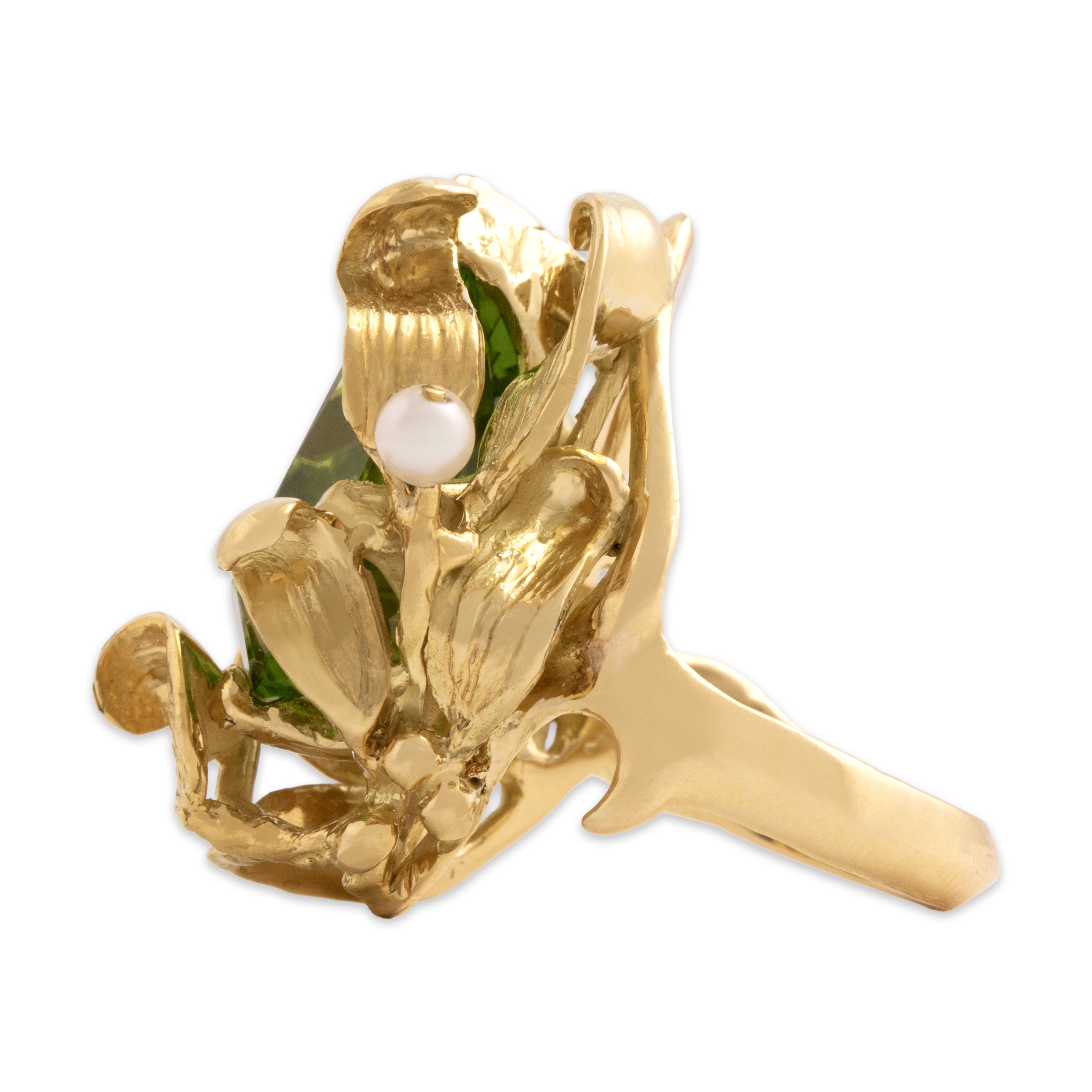 Vintage Heavy 18k Yellow Gold 9.98ct Peridot Pearl Leafy Artistic Sculptural Statement Ring - Side view