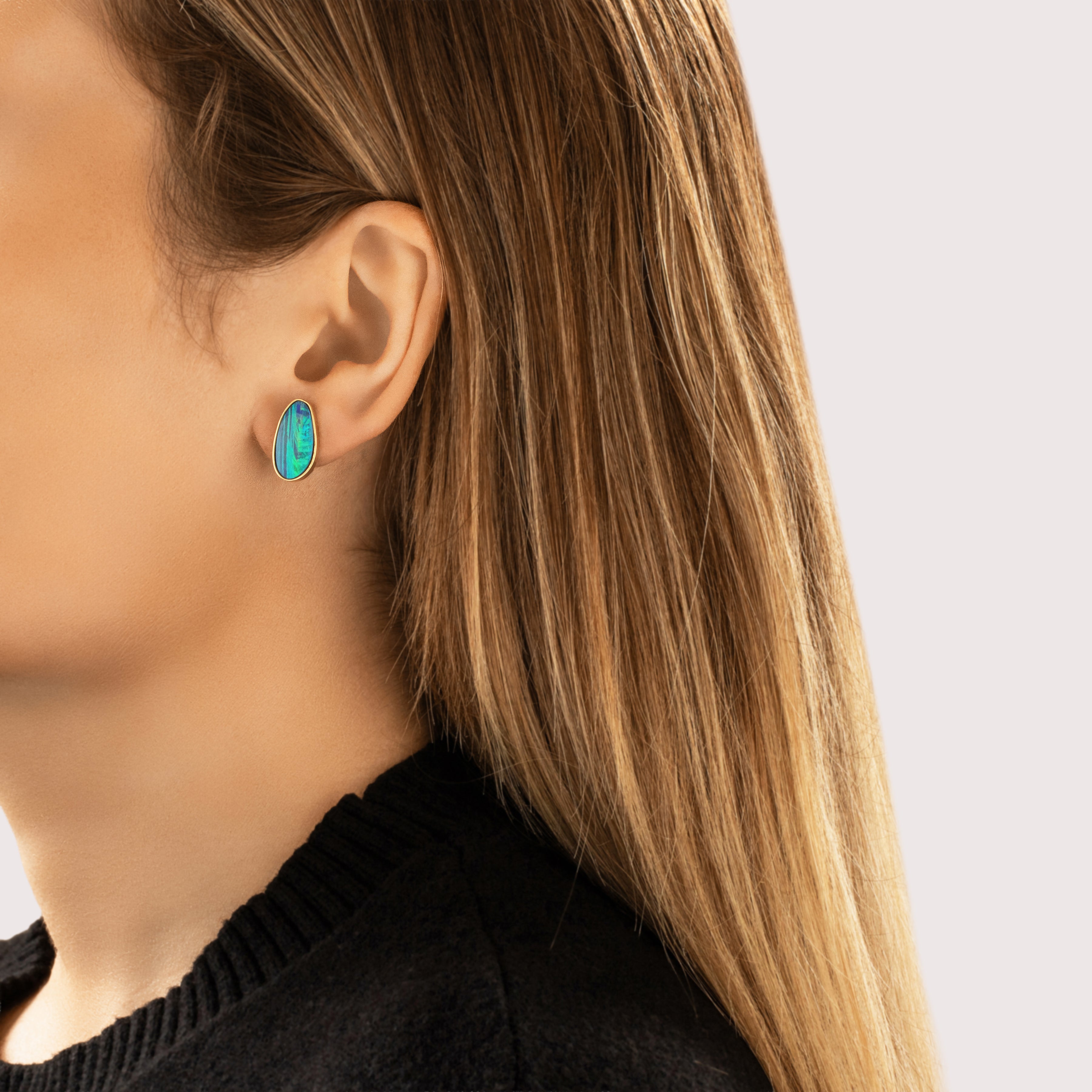 Vintage 18k Yellow Gold Opal Doublet Luminescent Naturalistic Omega Back Earrings - On model view