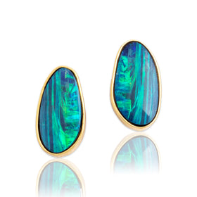 Vintage 18k Yellow Gold Blue Opal Doublet Luminescent Omega Back Earrings