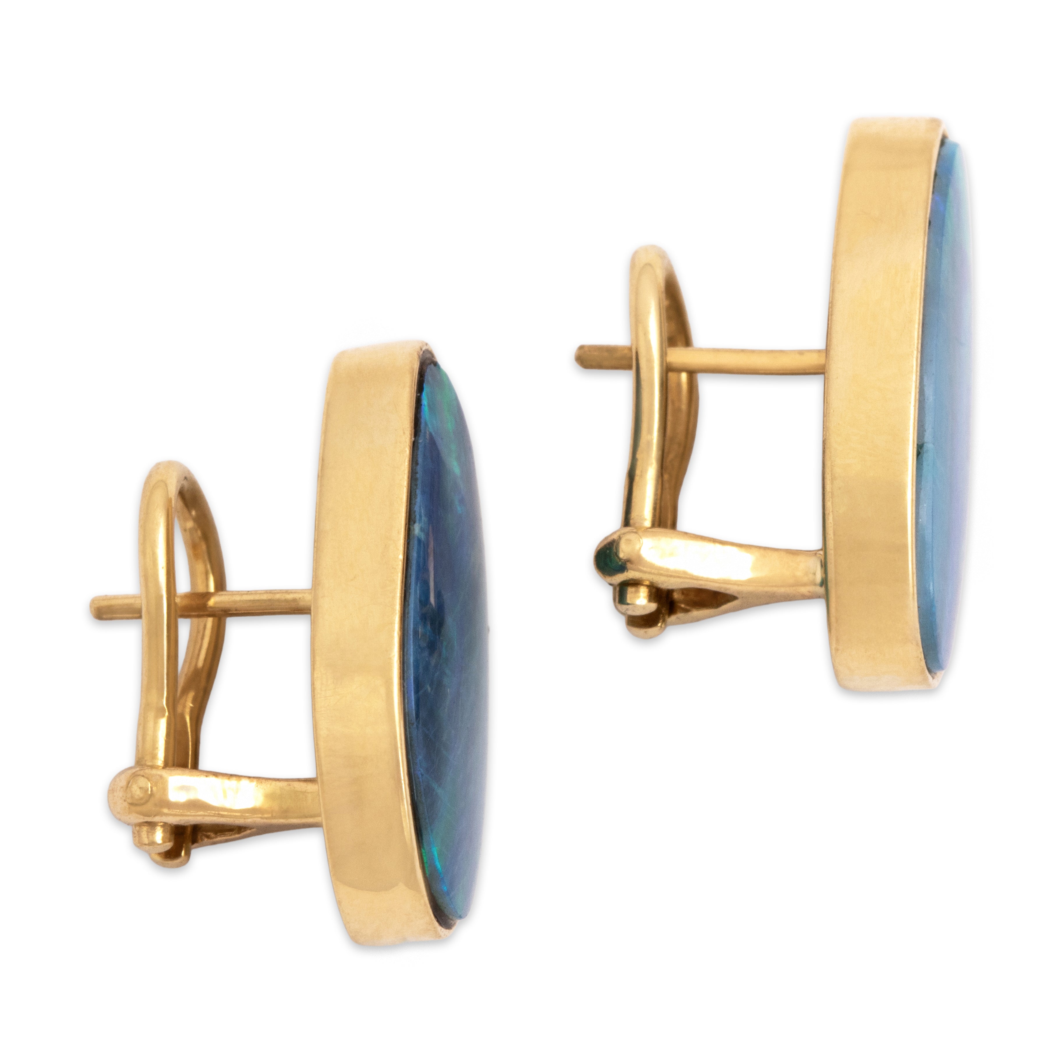 Vintage 18k Yellow Gold Opal Doublet Luminescent Naturalistic Omega Back Earrings - Side view