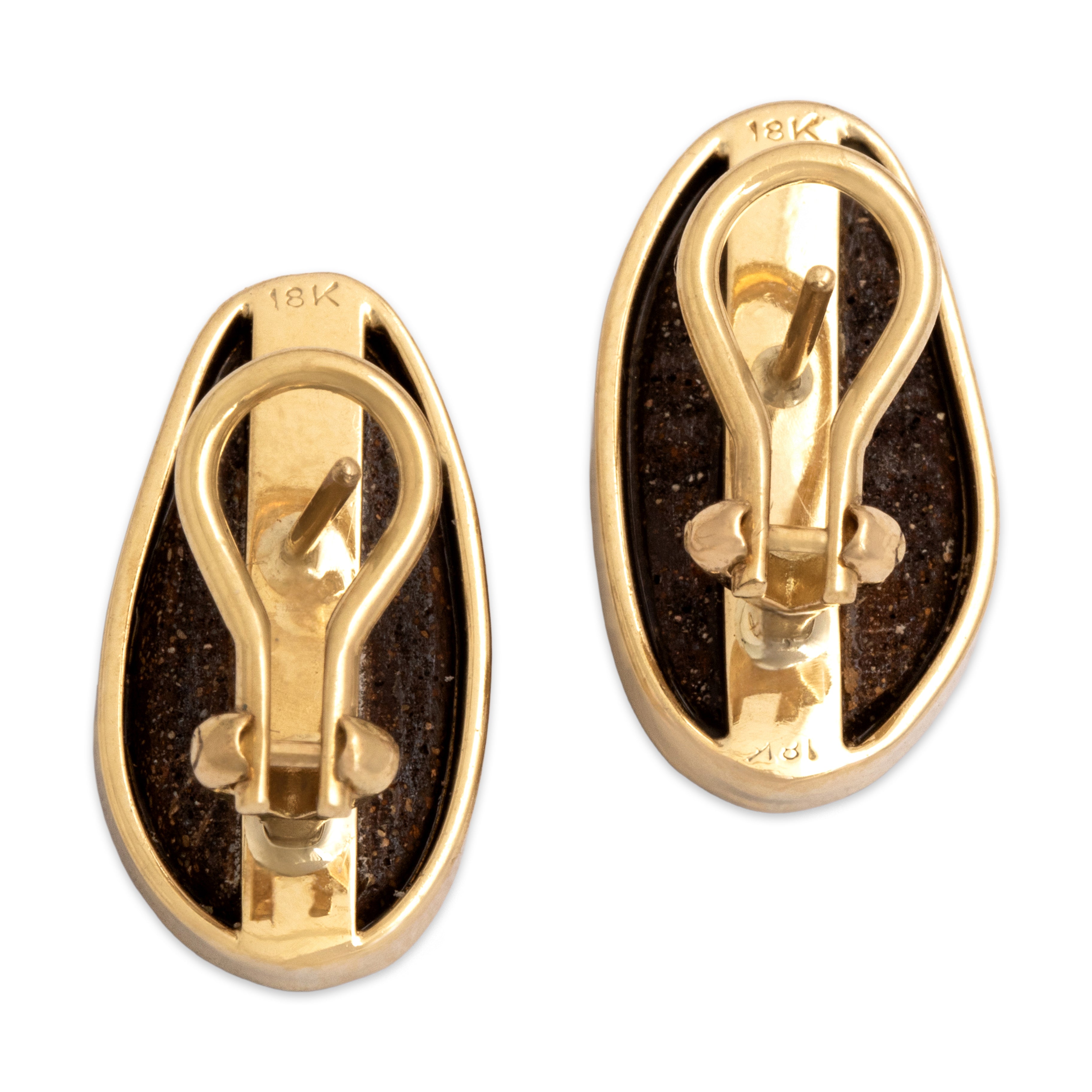 Vintage 18k Yellow Gold Opal Doublet Luminescent Naturalistic Omega Back Earrings - Back view