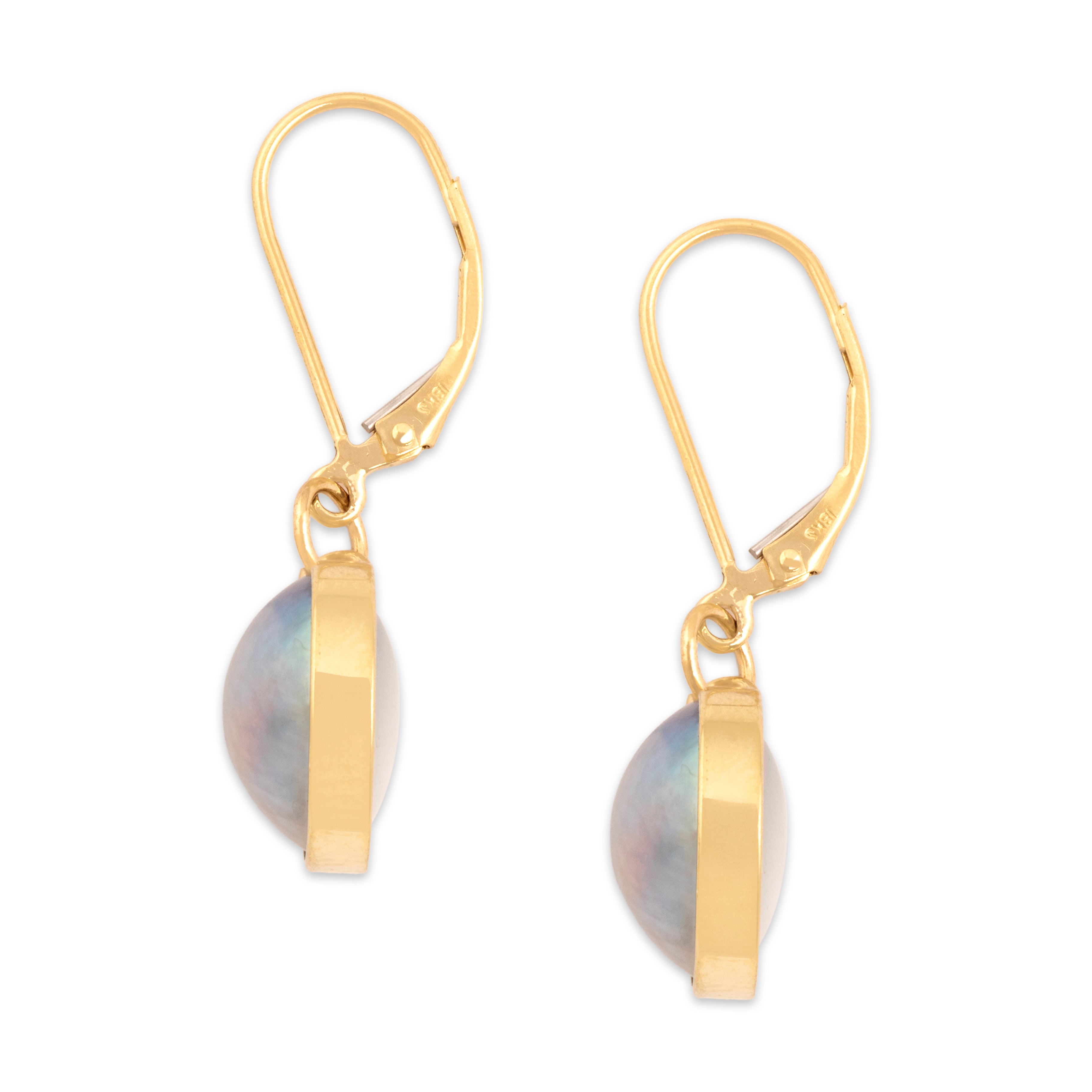 Vintage 18k Yellow Gold Gray Mabé Pearl Elegant Lustrous Dangle Earrings - Side view