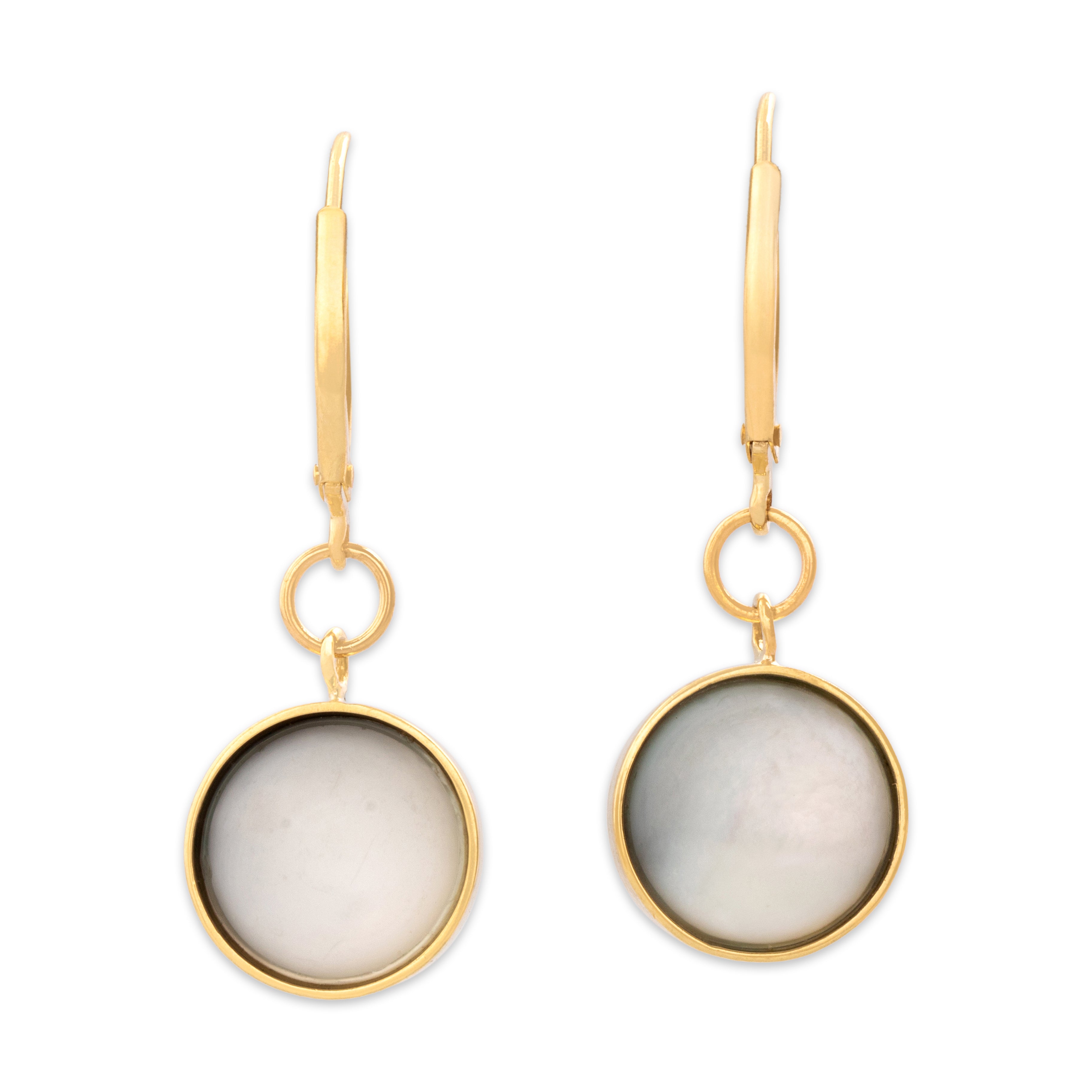 Vintage 18k Yellow Gold Gray Mabé Pearl Elegant Lustrous Dangle Earrings - Back view