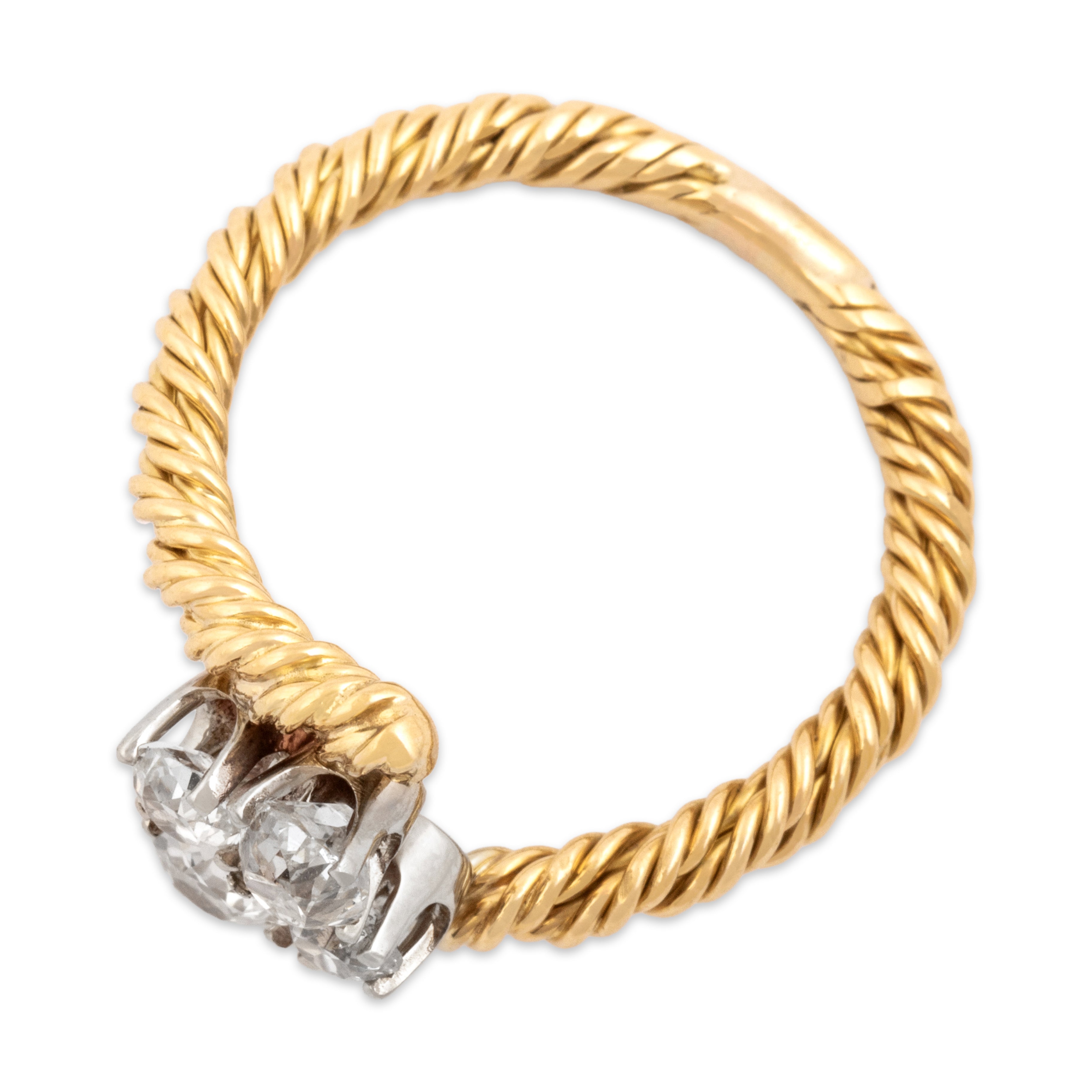 Vintage 18k Yellow & White Gold .94cttw Old Mine Cut Diamond Dazzling Twisting Cabled Quartet Bypass Ring - Overall view