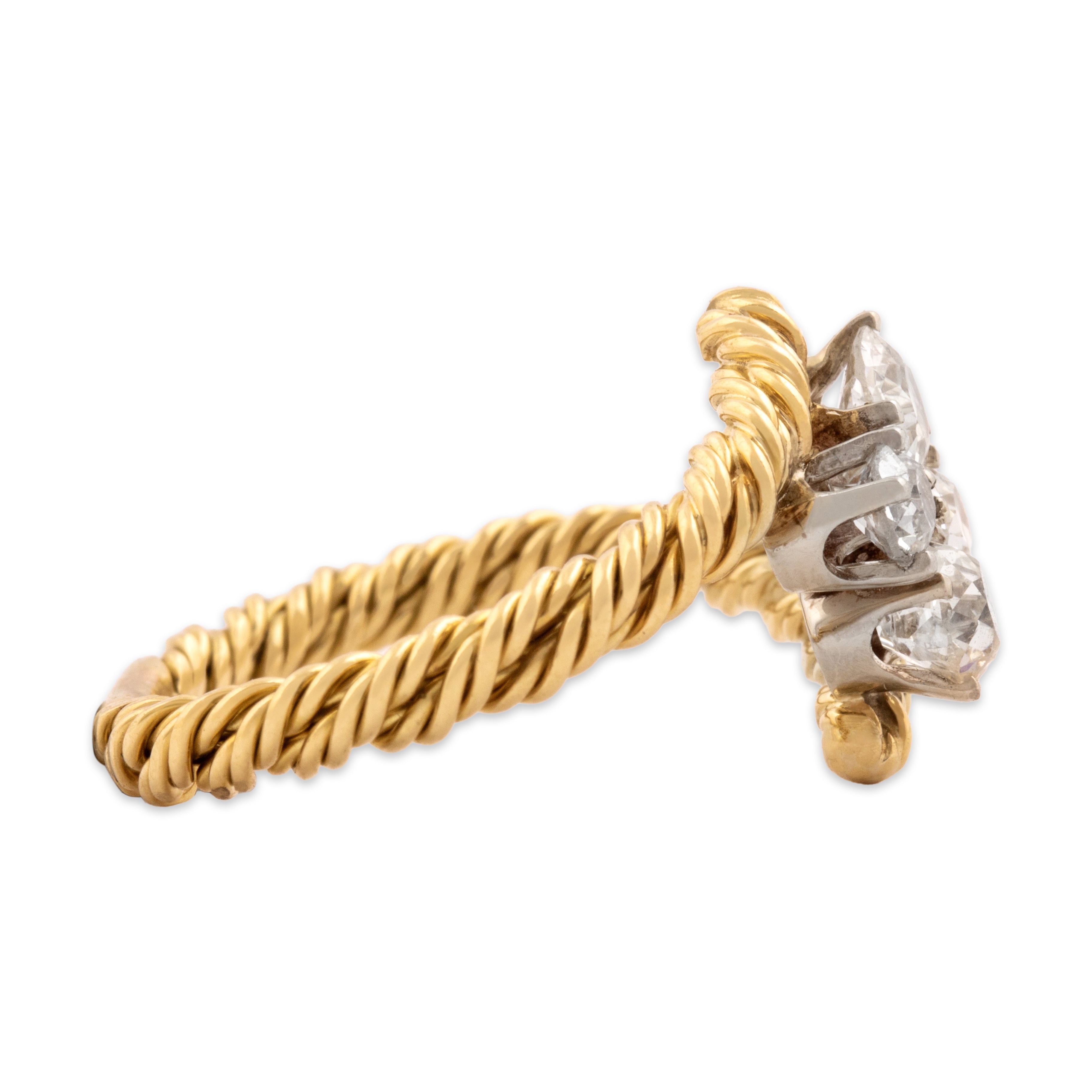 Vintage 18k Yellow & White Gold .94cttw Old Mine Cut Diamond Dazzling Twisting Cabled Quartet Bypass Ring - Side view