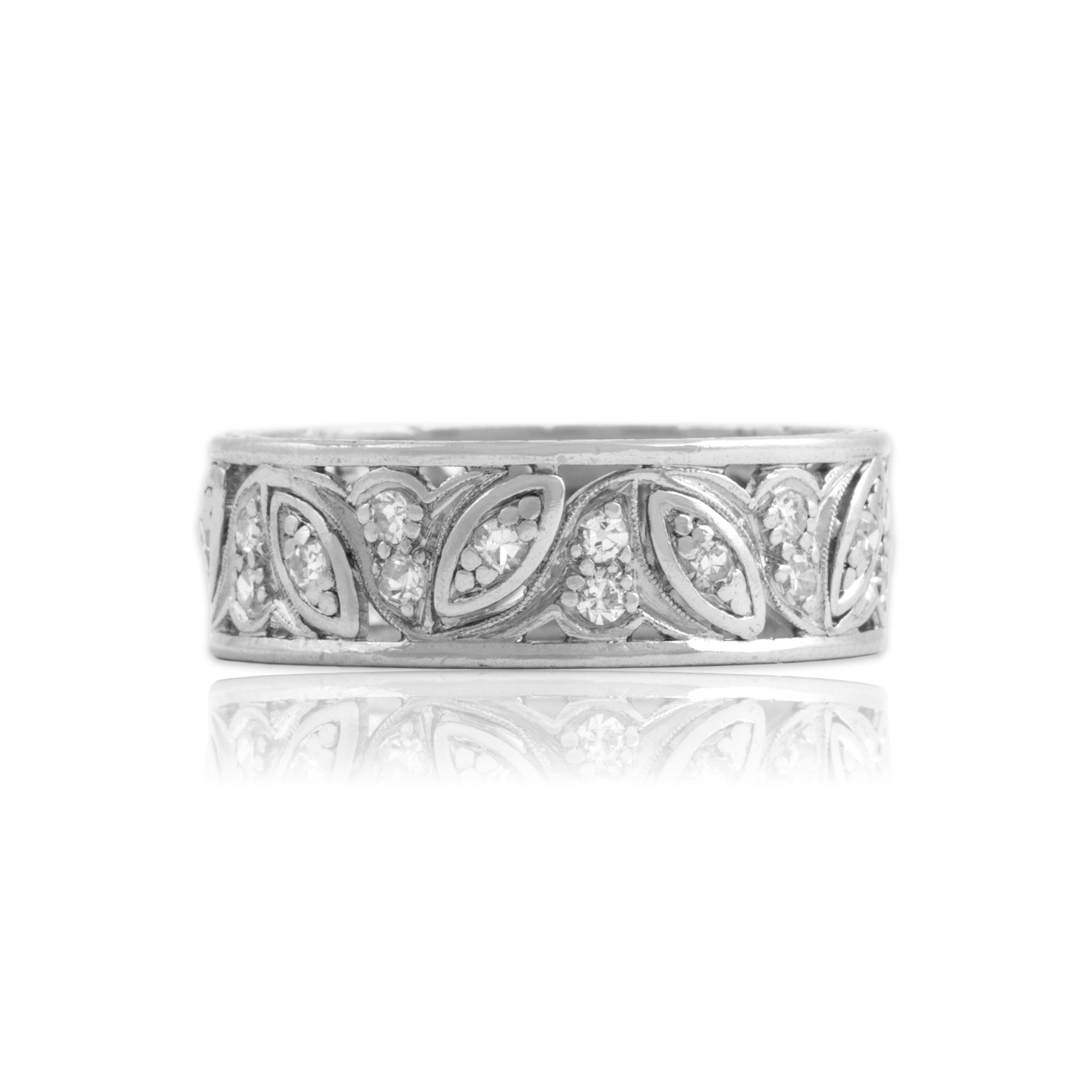 Antique Art Deco Platinum Diamond Leafy Decorated Eternity Band Ring - Close-up view