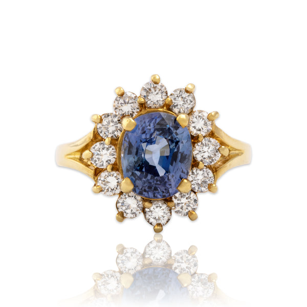 Vintage 18k Yellow Gold 3.39ct GIA Ceylon Sapphire 1.02cttw Diamond Ring 9.00