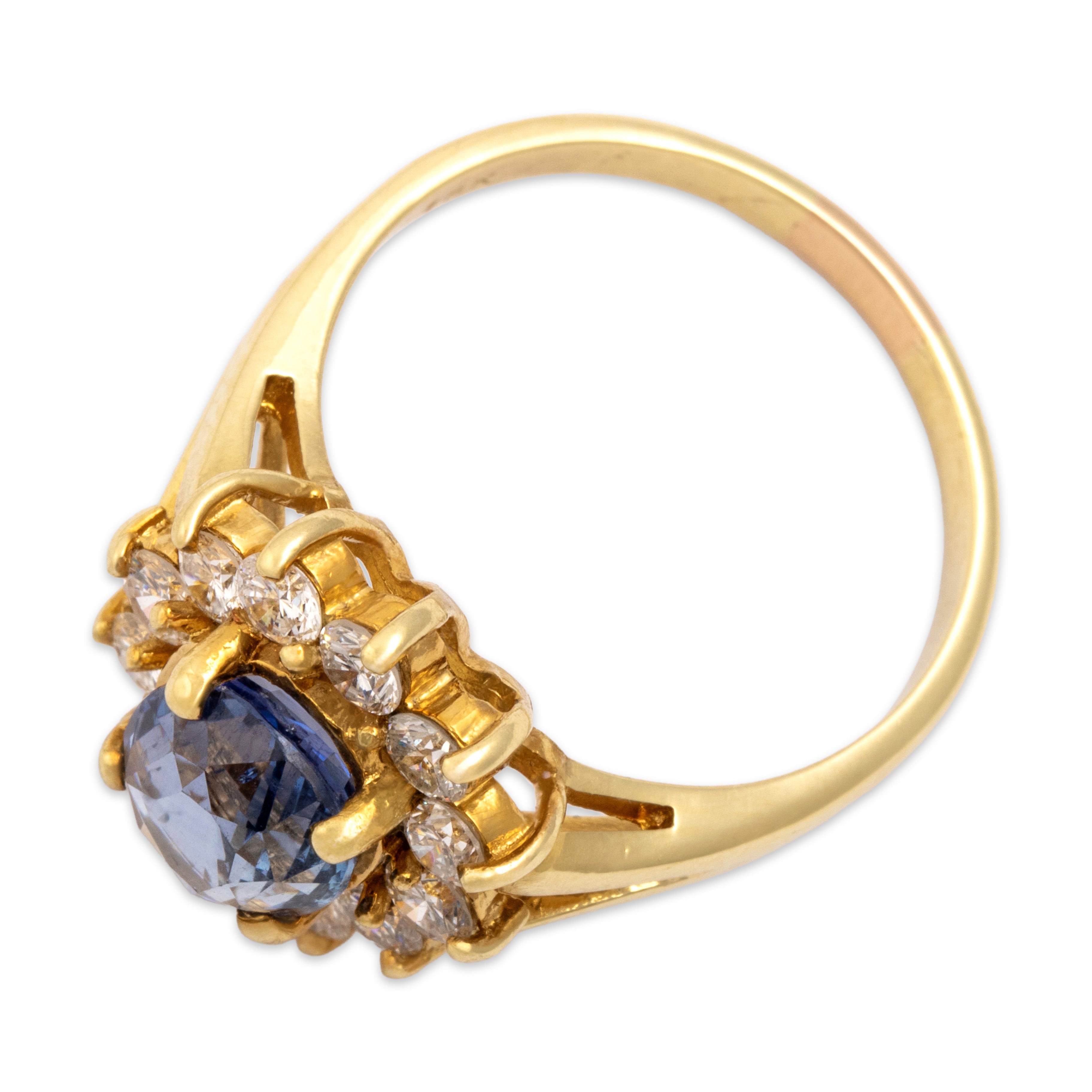 Vintage 18k Yellow Gold 3.39ct Violetish Blue Ceylon Sapphire 1.02cttw Diamond Exceptional Halo Ring - Overall view