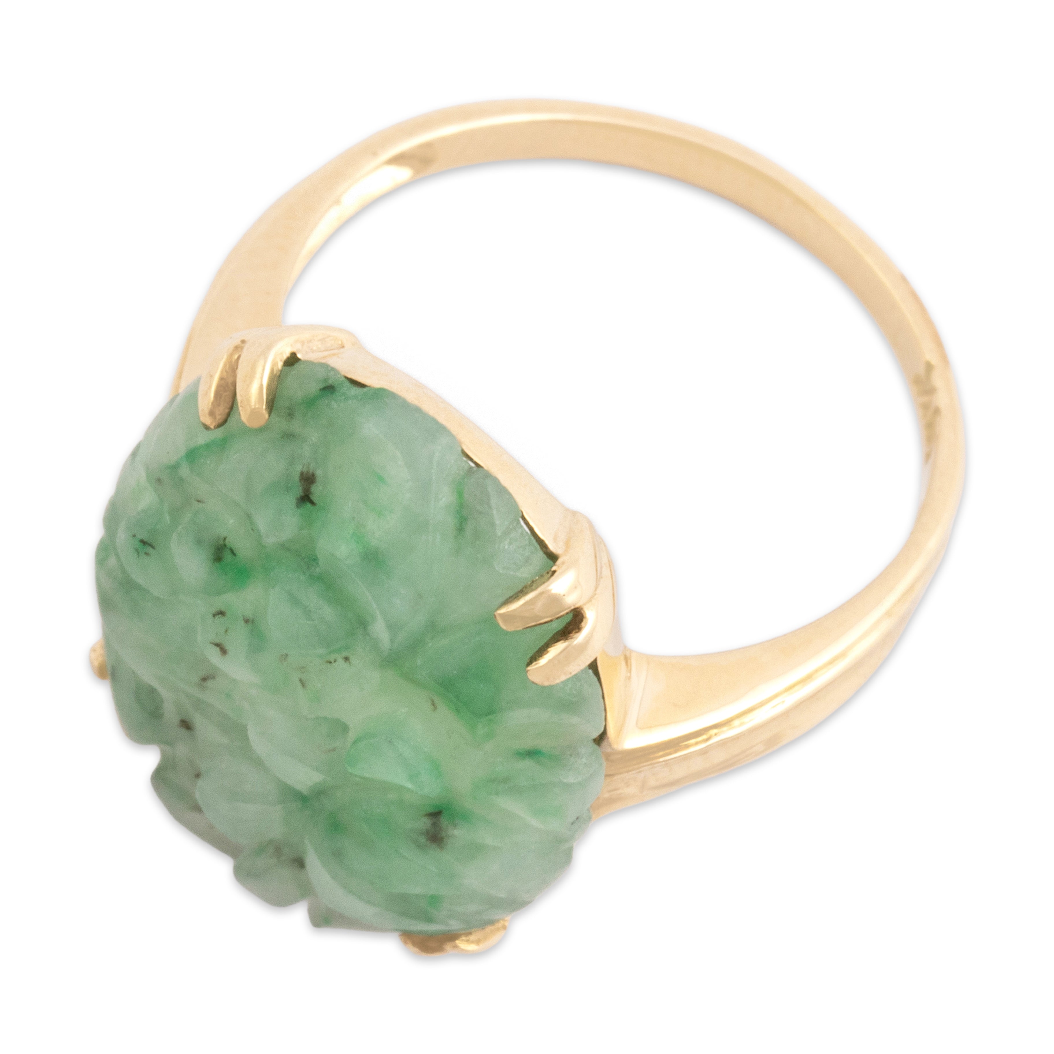 Vintage 10k Yellow Gold 8.09ct Jade Striking Carved Floral Ring - Overall view