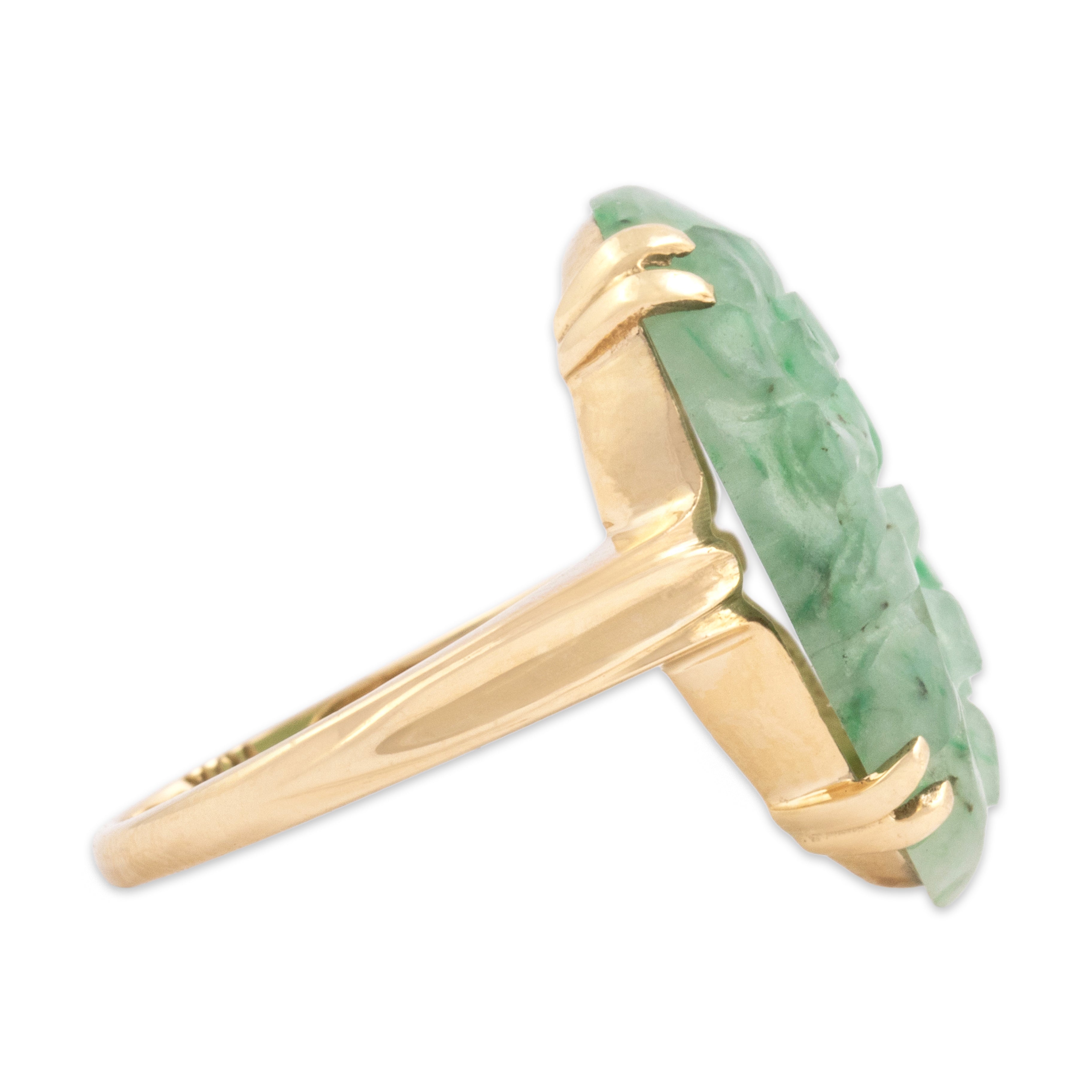 Vintage 10k Yellow Gold 8.09ct Jade Striking Carved Floral Ring - Side view
