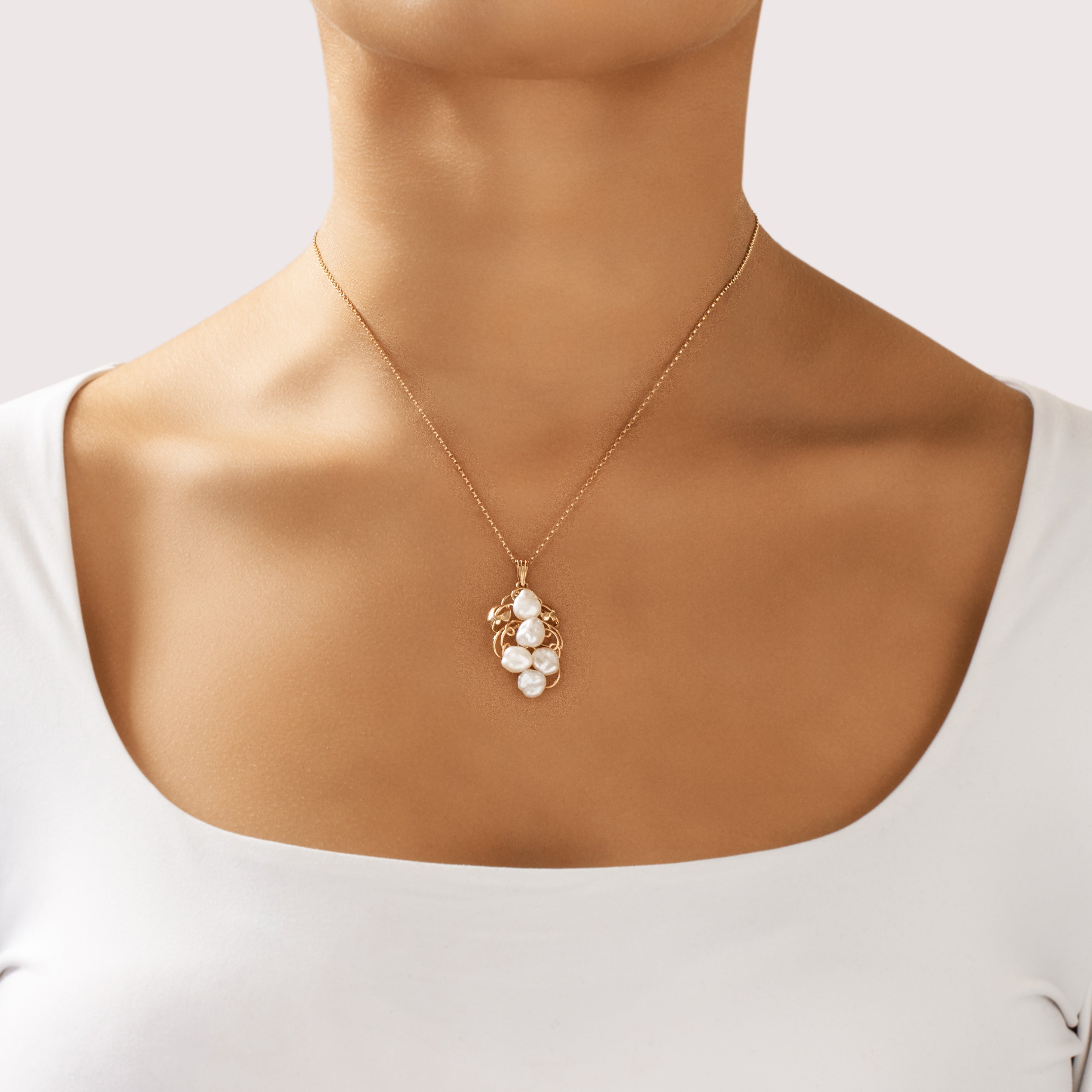 Vintage 14k Rosy Yellow Gold Baroque Pearl Leafy Flowing Grape Vine Pendant - On model view
