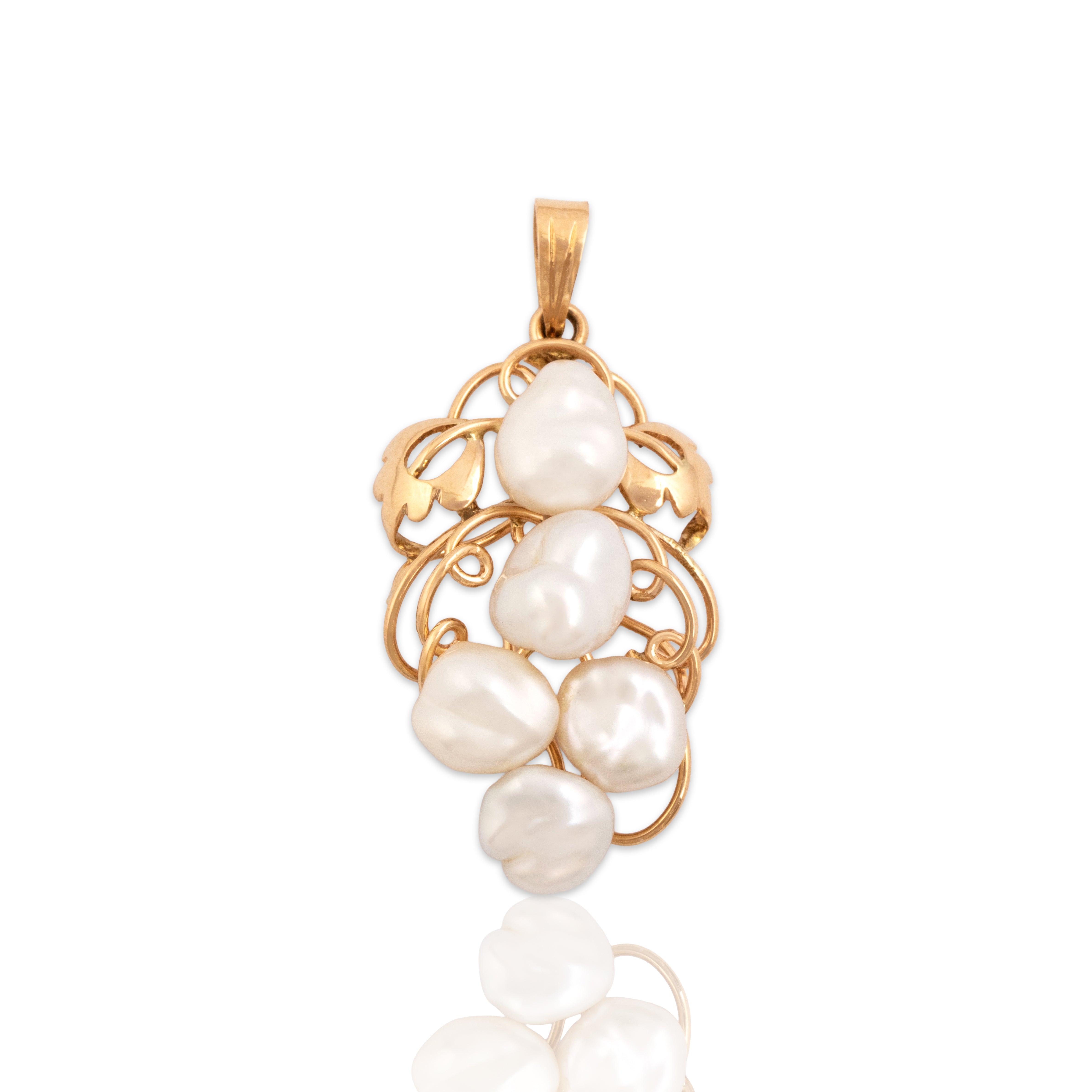 Vintage 14k Rosy Yellow Gold Baroque Pearl Leafy Flowing Grape Vine Pendant - Close-up view