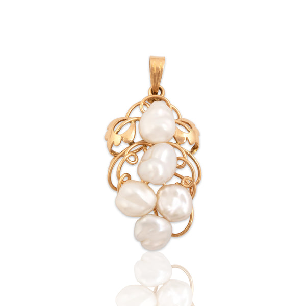 Vintage 14k Rosy Yellow Gold Baroque Pearl Leafy Flowing Grape Vine Pendant