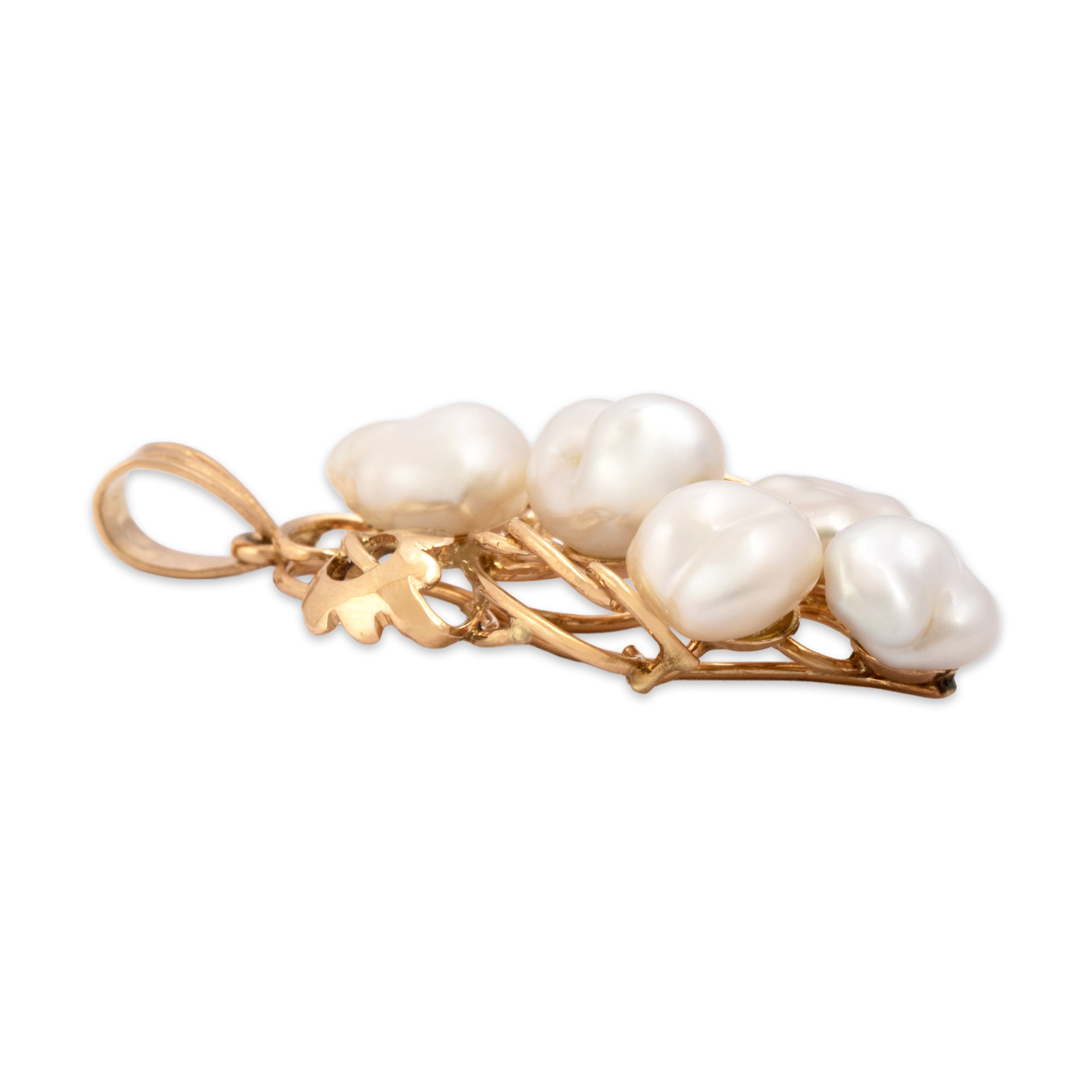 Vintage 14k Rosy Yellow Gold Baroque Pearl Leafy Flowing Grape Vine Pendant - Side view