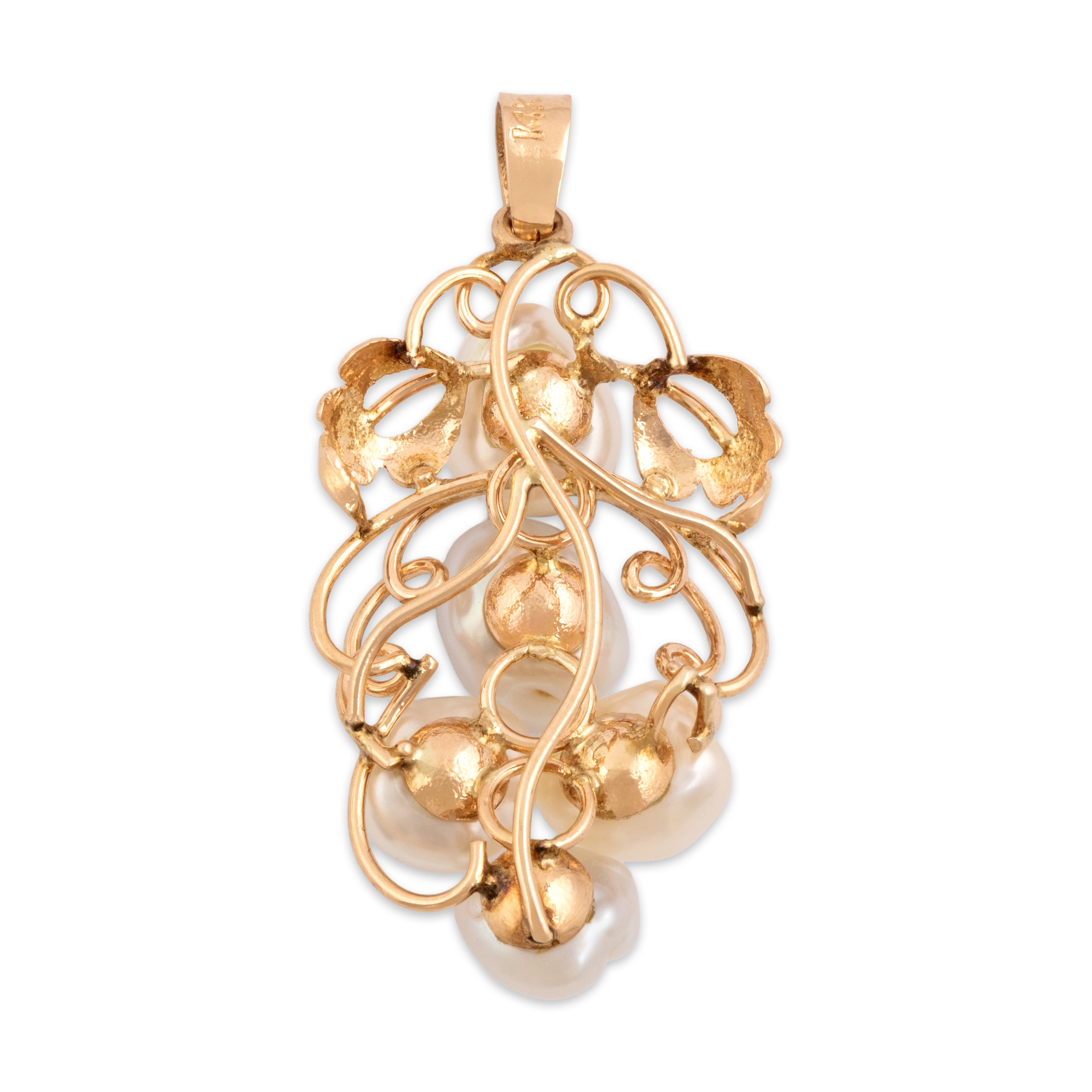 Vintage 14k Rosy Yellow Gold Baroque Pearl Leafy Flowing Grape Vine Pendant - Back view