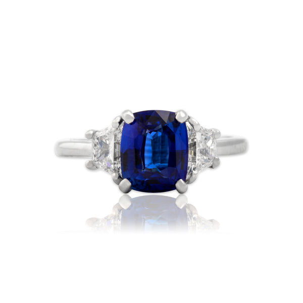 Vintage Platinum 3.14ct Blue Madagascar Sapphire 2.05cttw Diamond Trio Ring 7.50