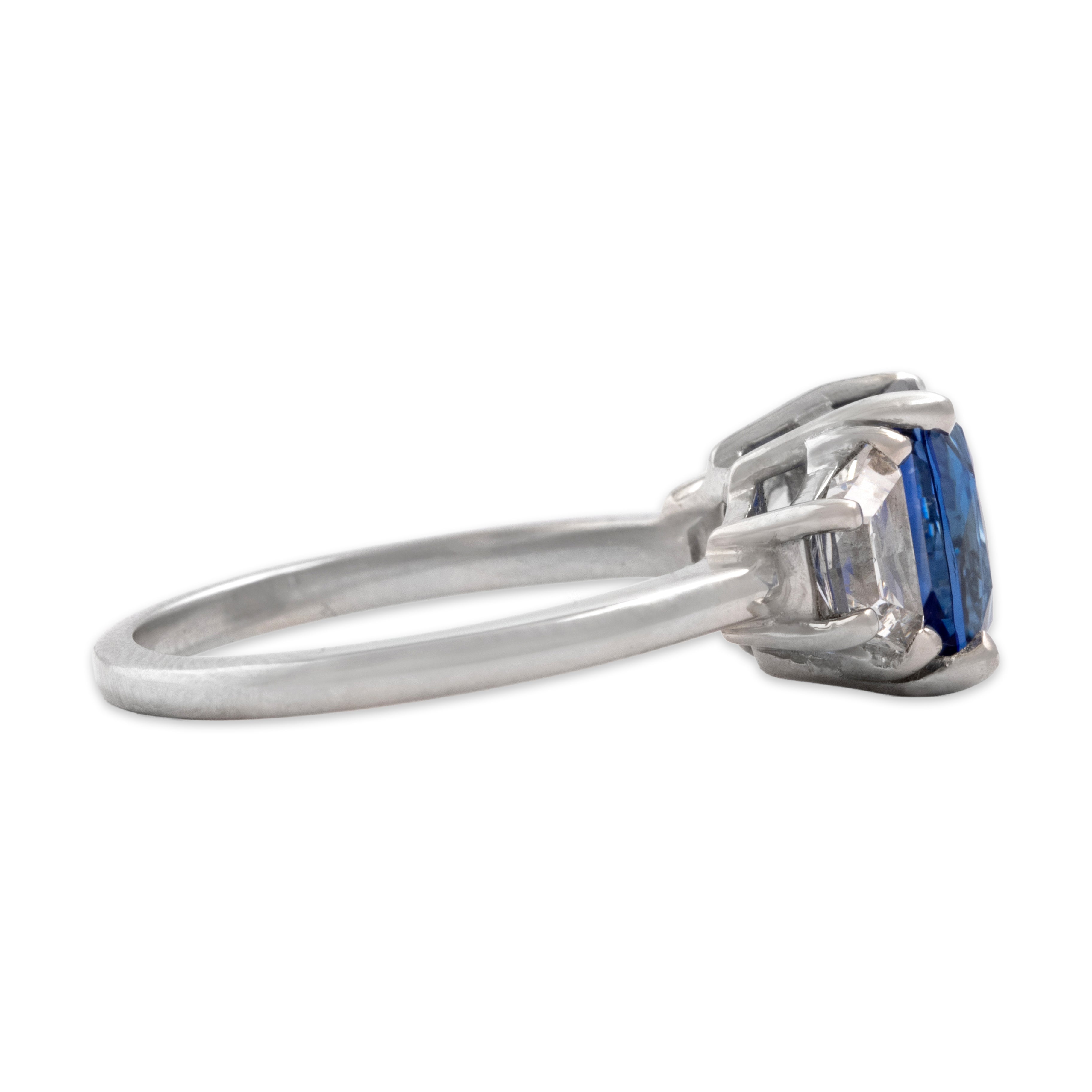 Vintage Platinum 3.14ct Blue Madagascar Sapphire 2.05cttw Add 3 To Length Diamond Excellent Elongated Cushion Trapezoid Trio Ring - Side view