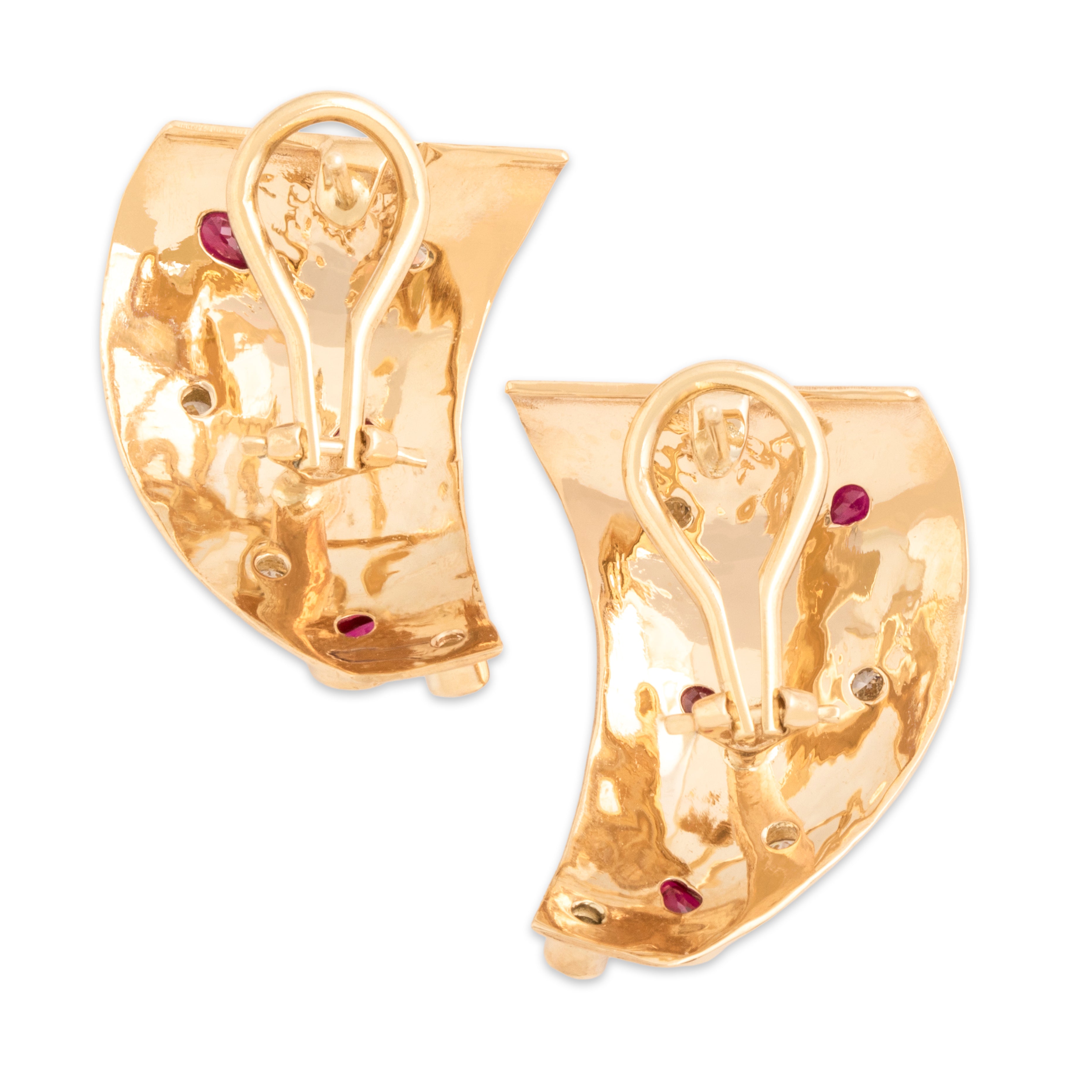 Vintage Large 14k Yellow Gold 1.46cttw Ruby Diamond Bezel Confetti Swish Omega-Back Earrings - Back view