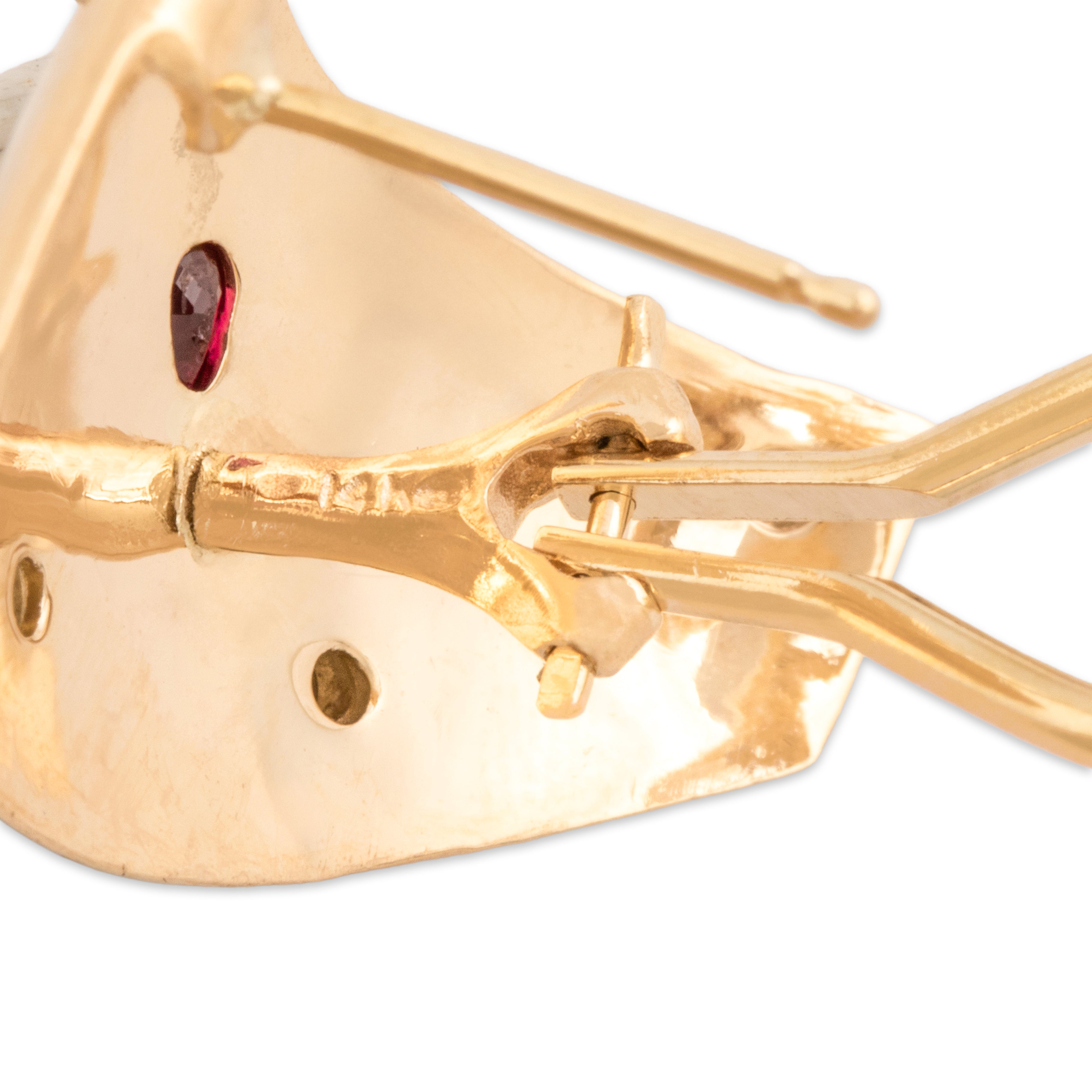 Vintage Large 14k Yellow Gold 1.46cttw Ruby Diamond Bezel Confetti Swish Omega-Back Earrings - Hallmark view