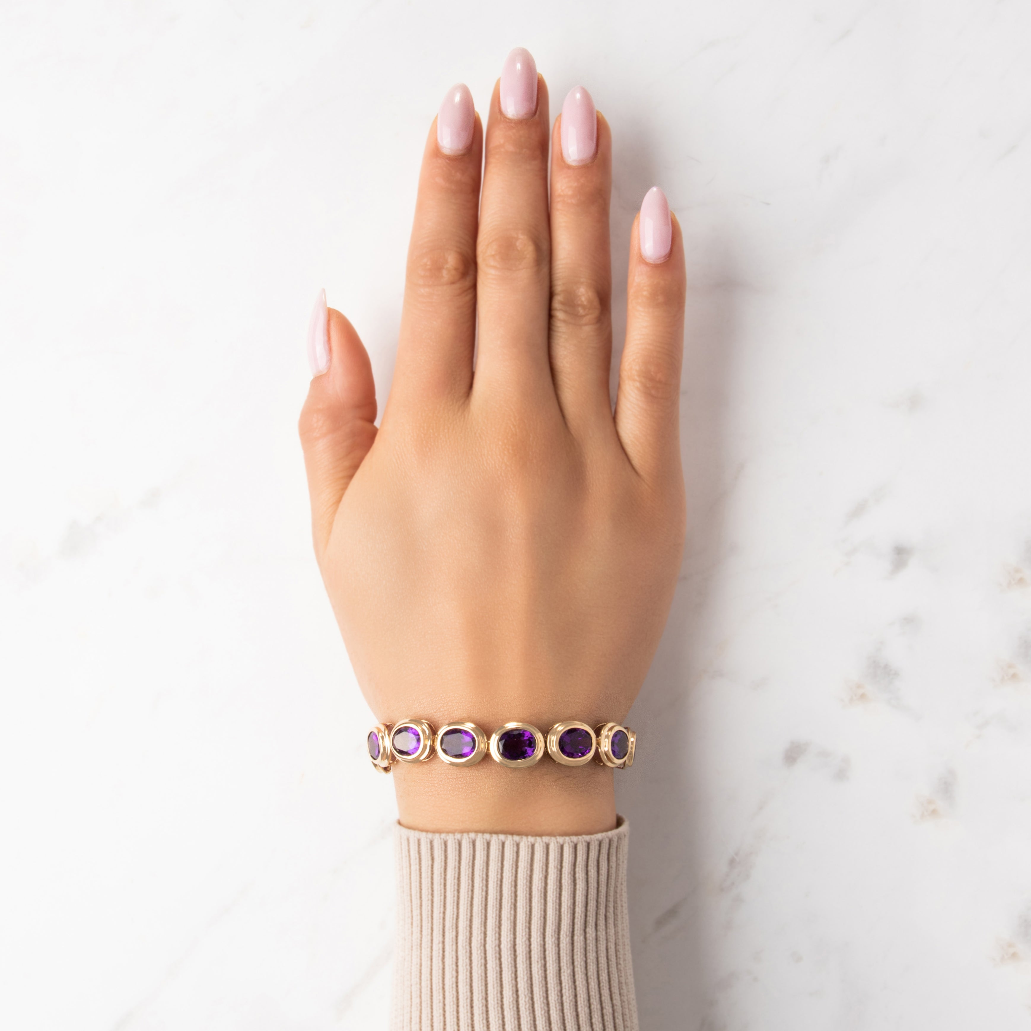 Vintage 14k Yellow Gold 27.42cttw Amethyst Fabulous Bezel-Set Statement Bracelet - On model view
