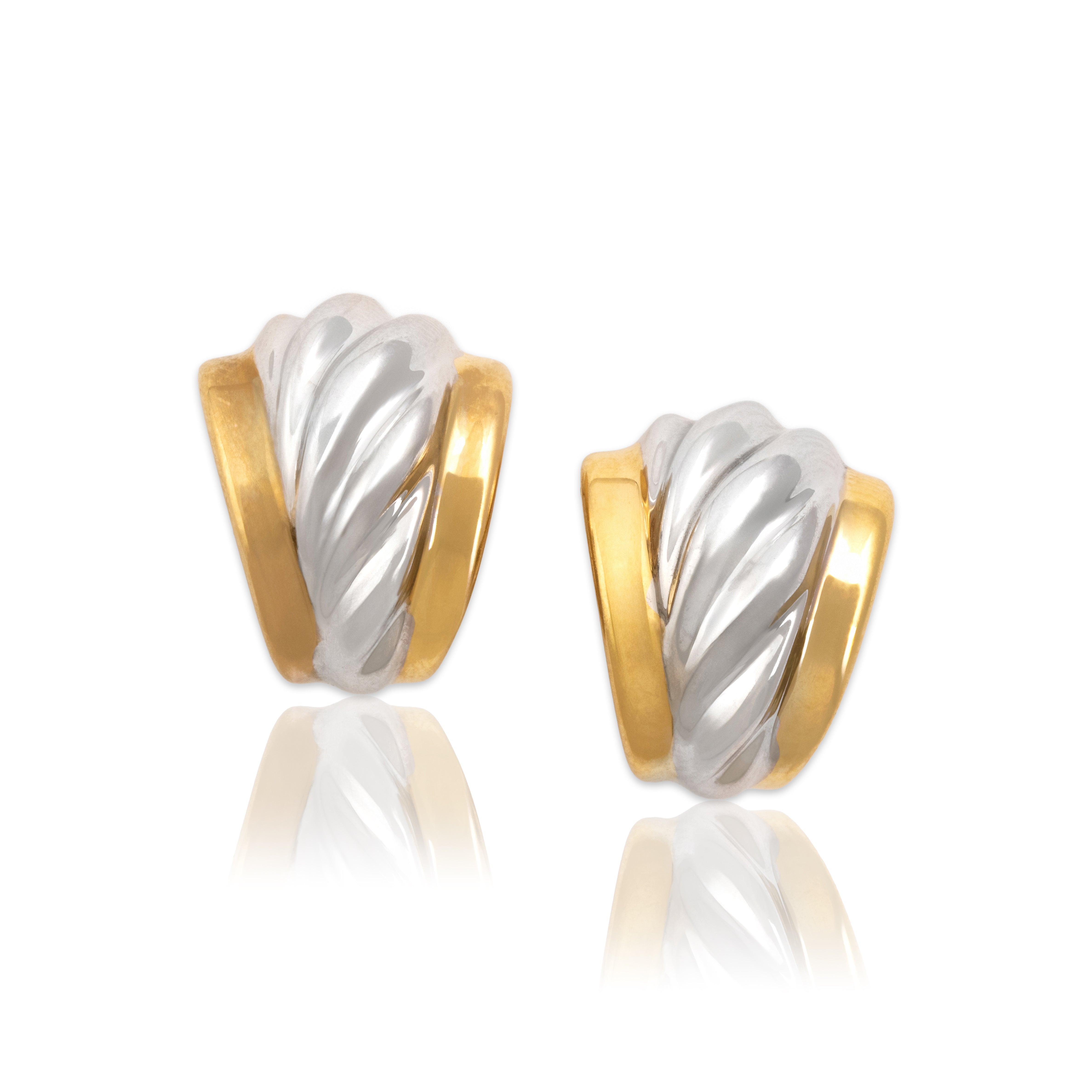 Vintage 14k Yellow & White Gold Bold Framed Twist Omega-Back Earrings - Close-up view