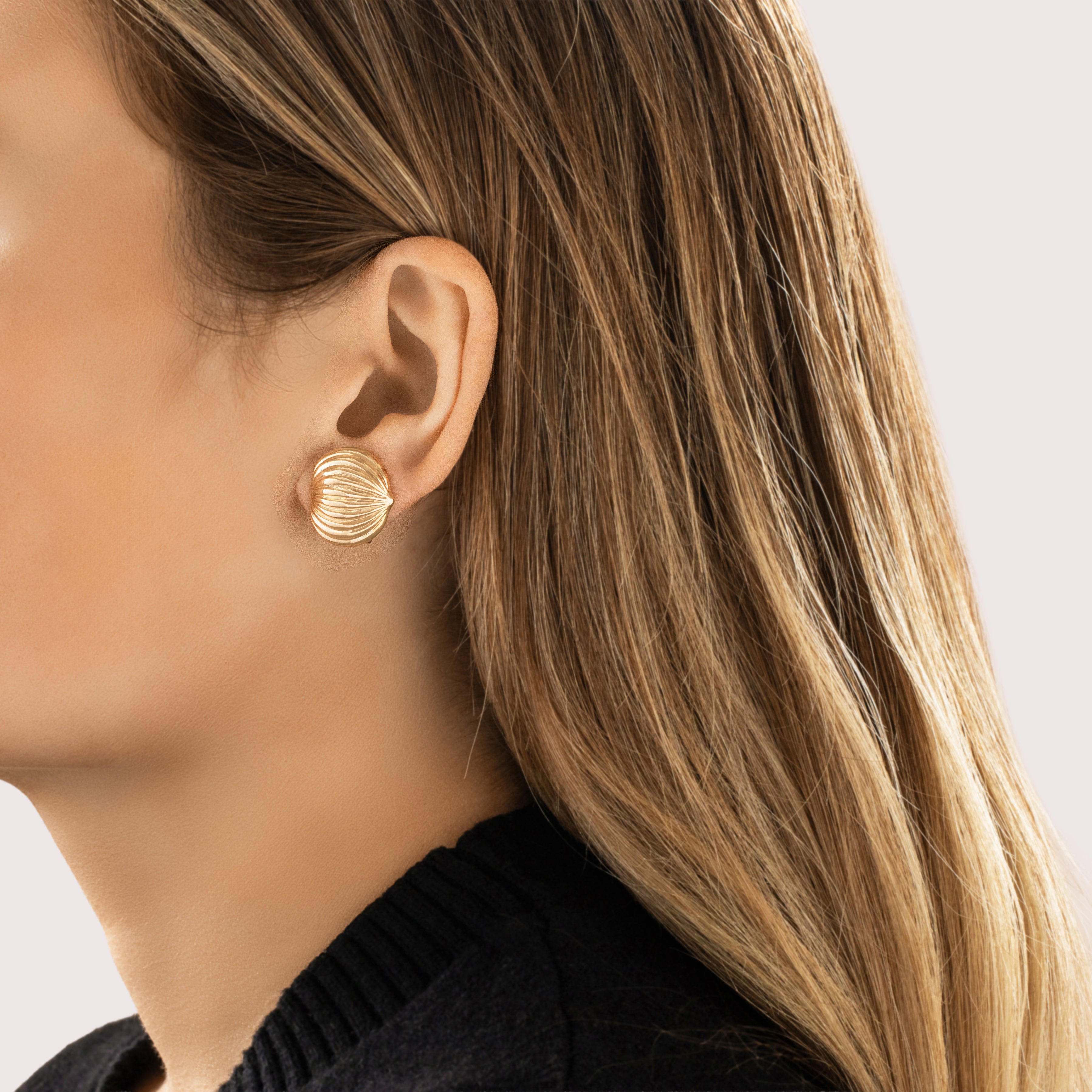 Vintage Large 14k Rosy Yellow Gold Ribbed Dome Stud Earrings - On model view