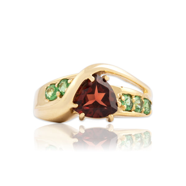 Vintage 14k Yellow Gold 1.4cttw Red Green Garnet Geometric Swoosh Wave Ring 6.25
