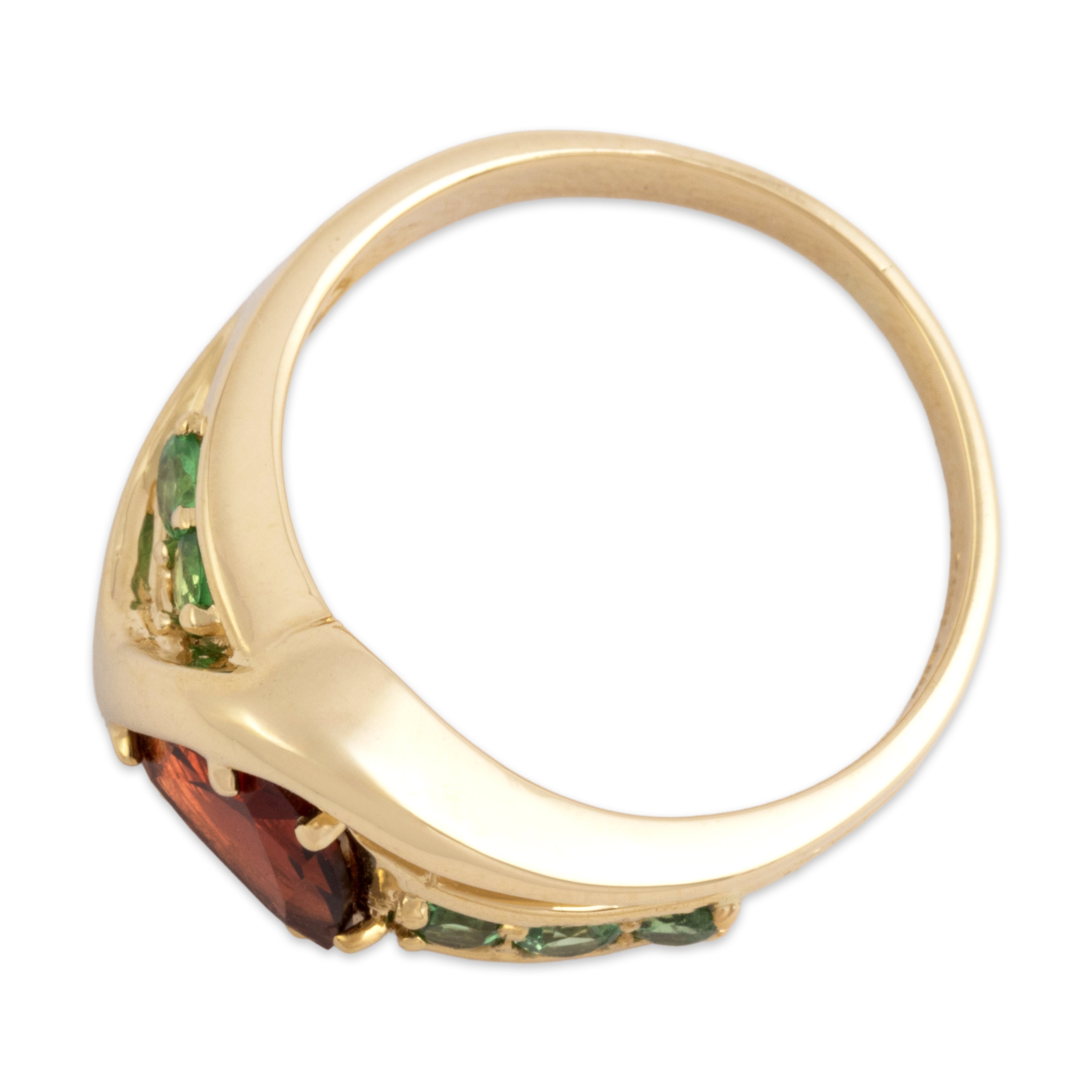 Vintage 14k Yellow Gold 1.4cttw Red Green Garnet Geometric Swooshing Wave Ring - Overall view