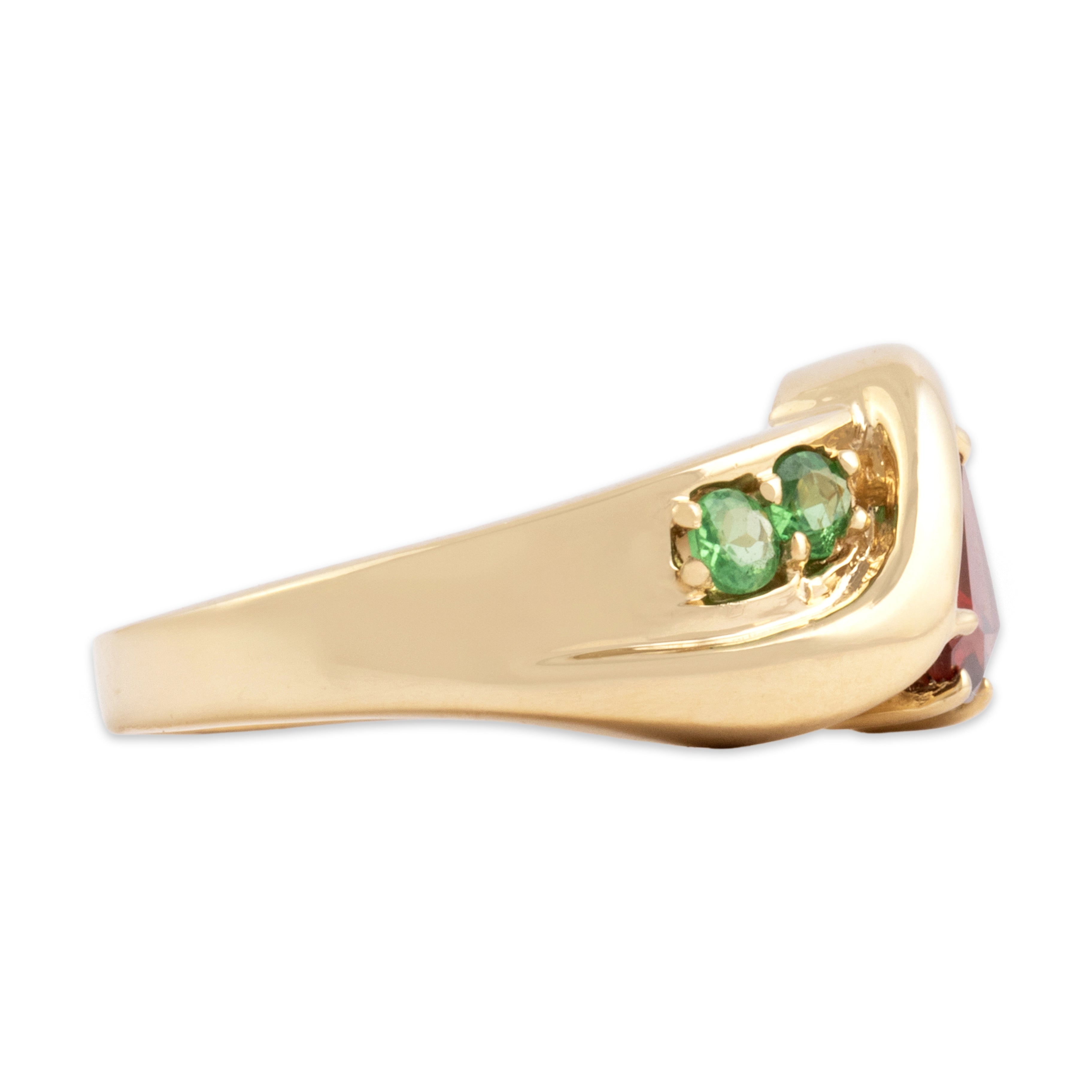 Vintage 14k Yellow Gold 1.4cttw Red Green Garnet Geometric Swooshing Wave Ring - Side view