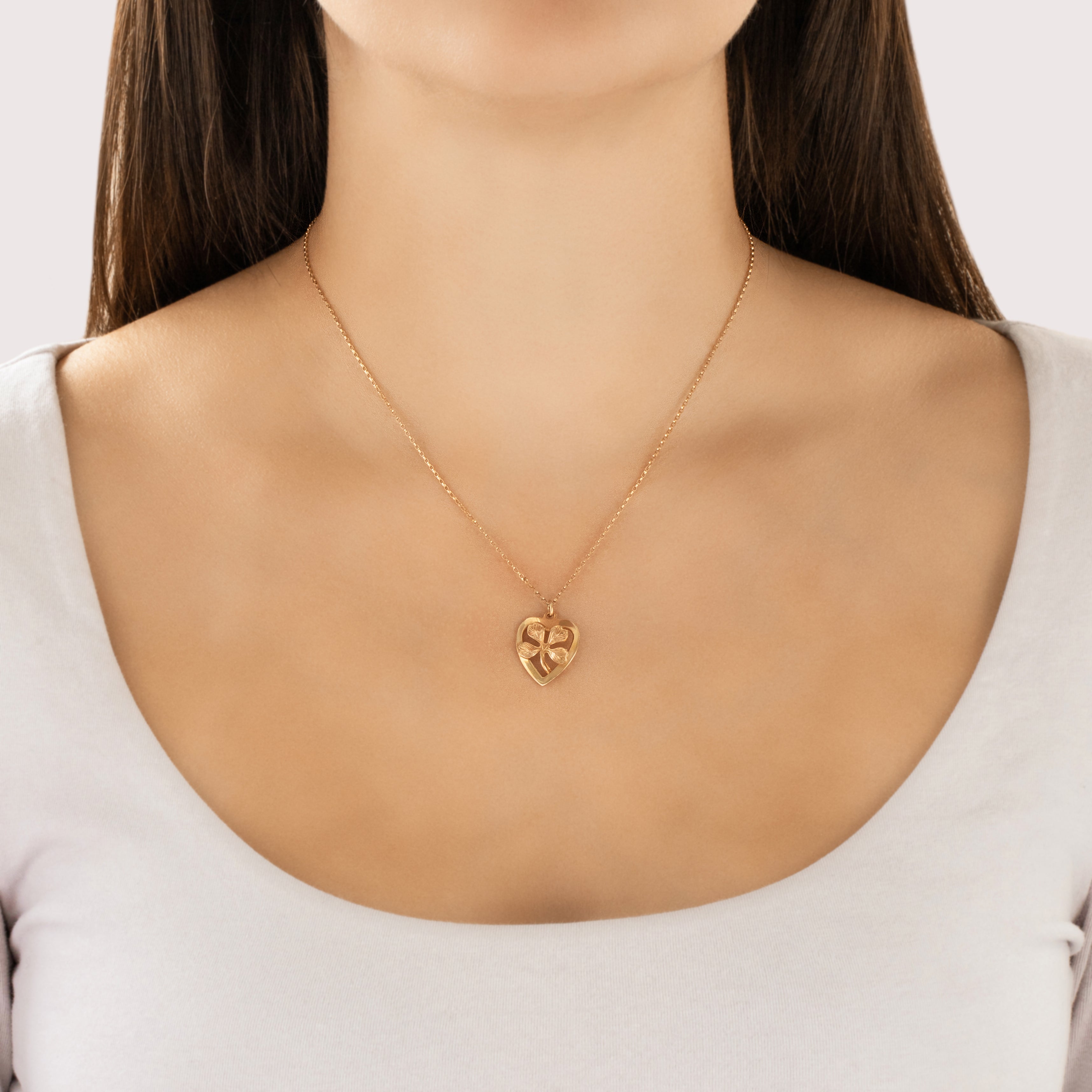 Vintage 14k Rosy Yellow Gold Lucky Lovely Four Leaf Clover Heart Charm / Pendant - On model view