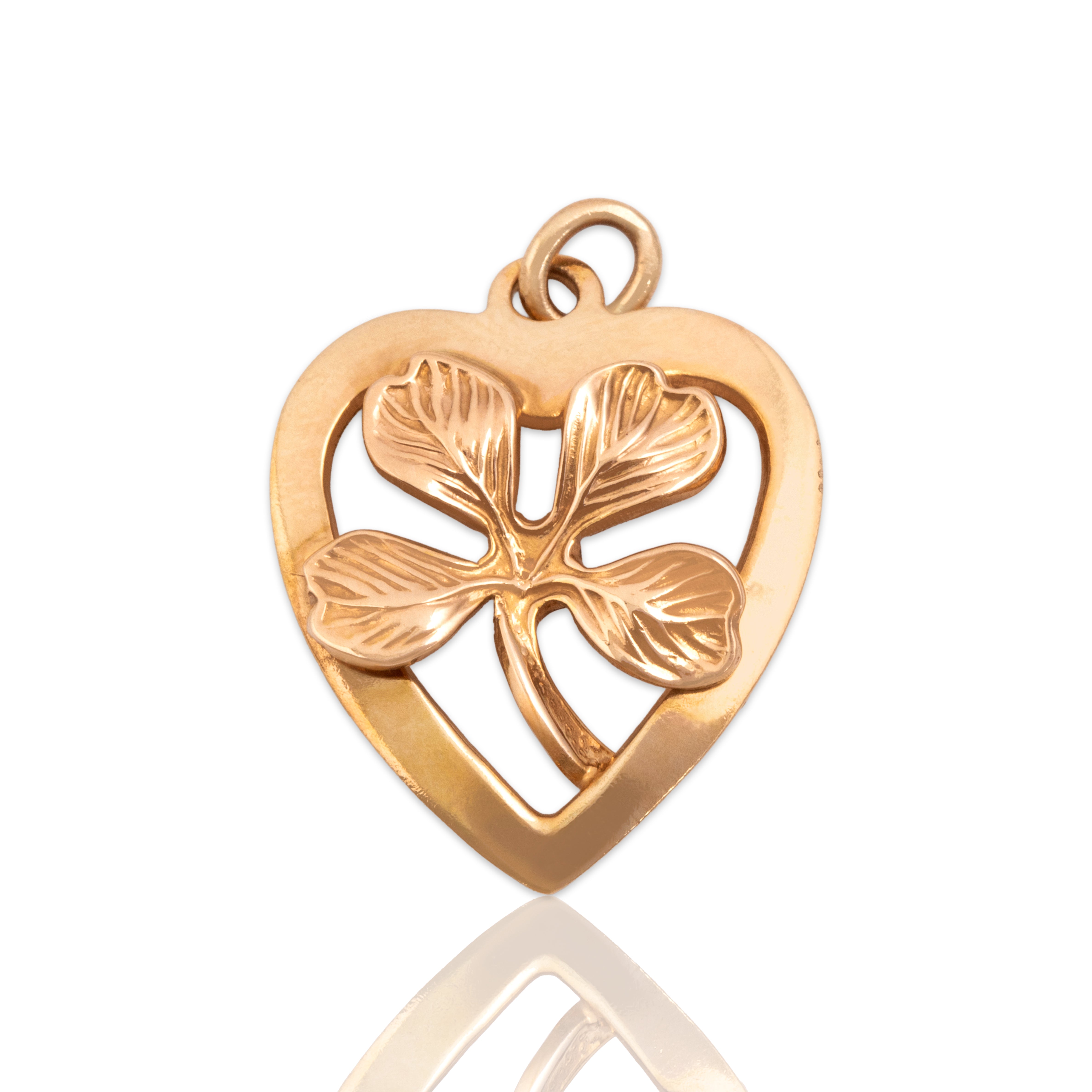 Vintage 14k Rosy Yellow Gold Lucky Lovely Four Leaf Clover Heart Charm / Pendant - Close-up view