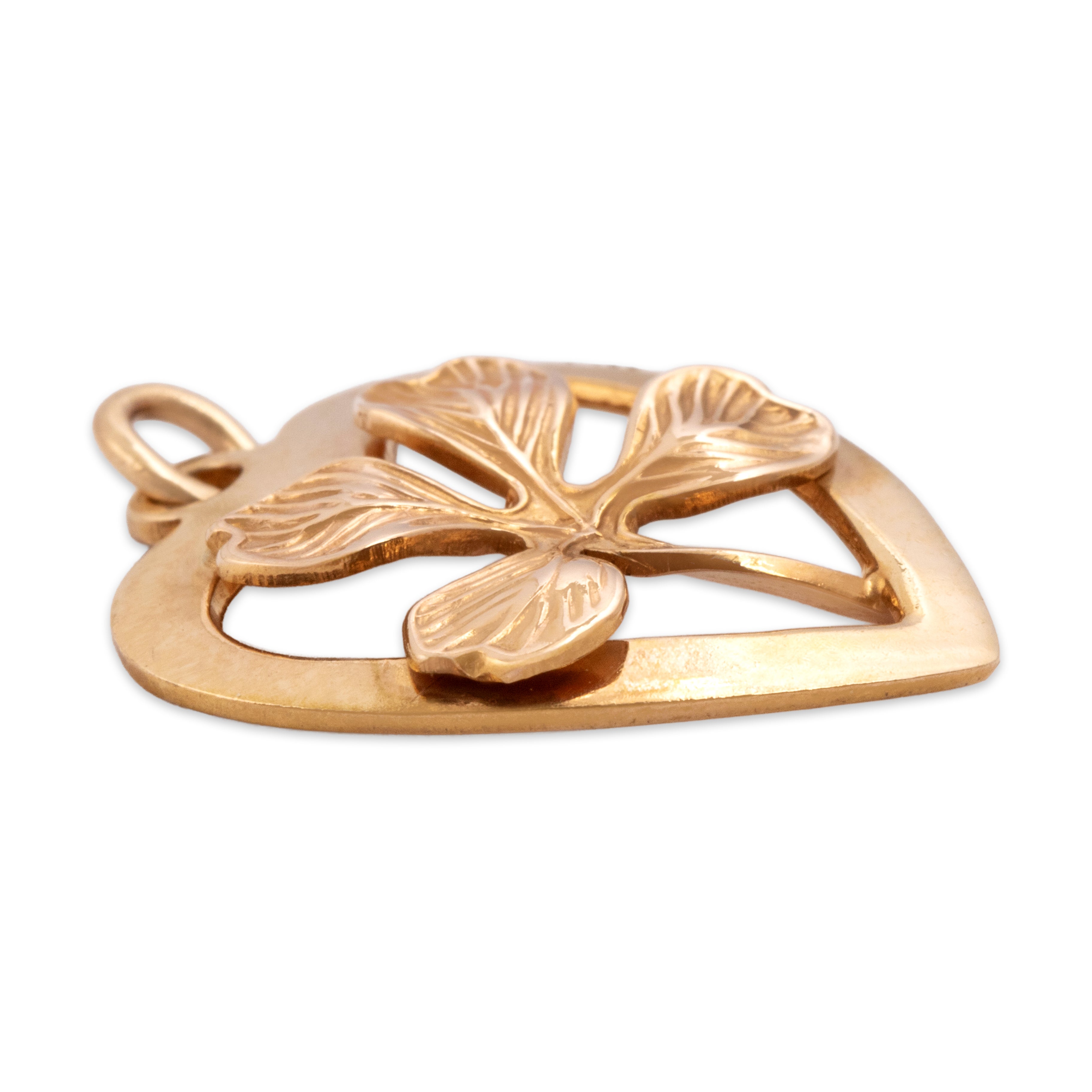 Vintage 14k Rosy Yellow Gold Lucky Lovely Four Leaf Clover Heart Charm / Pendant - Side view