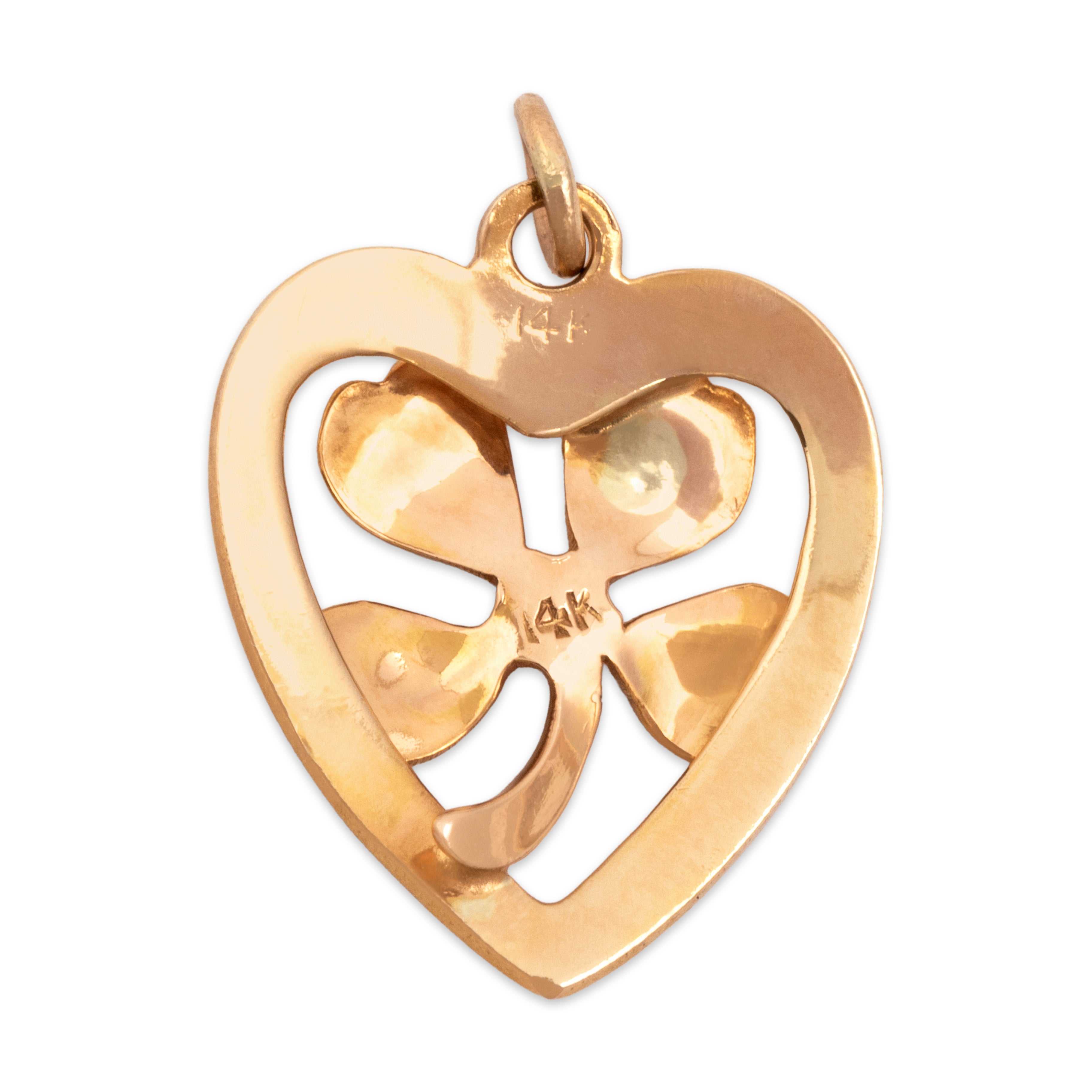 Vintage 14k Rosy Yellow Gold Lucky Lovely Four Leaf Clover Heart Charm / Pendant - Back view