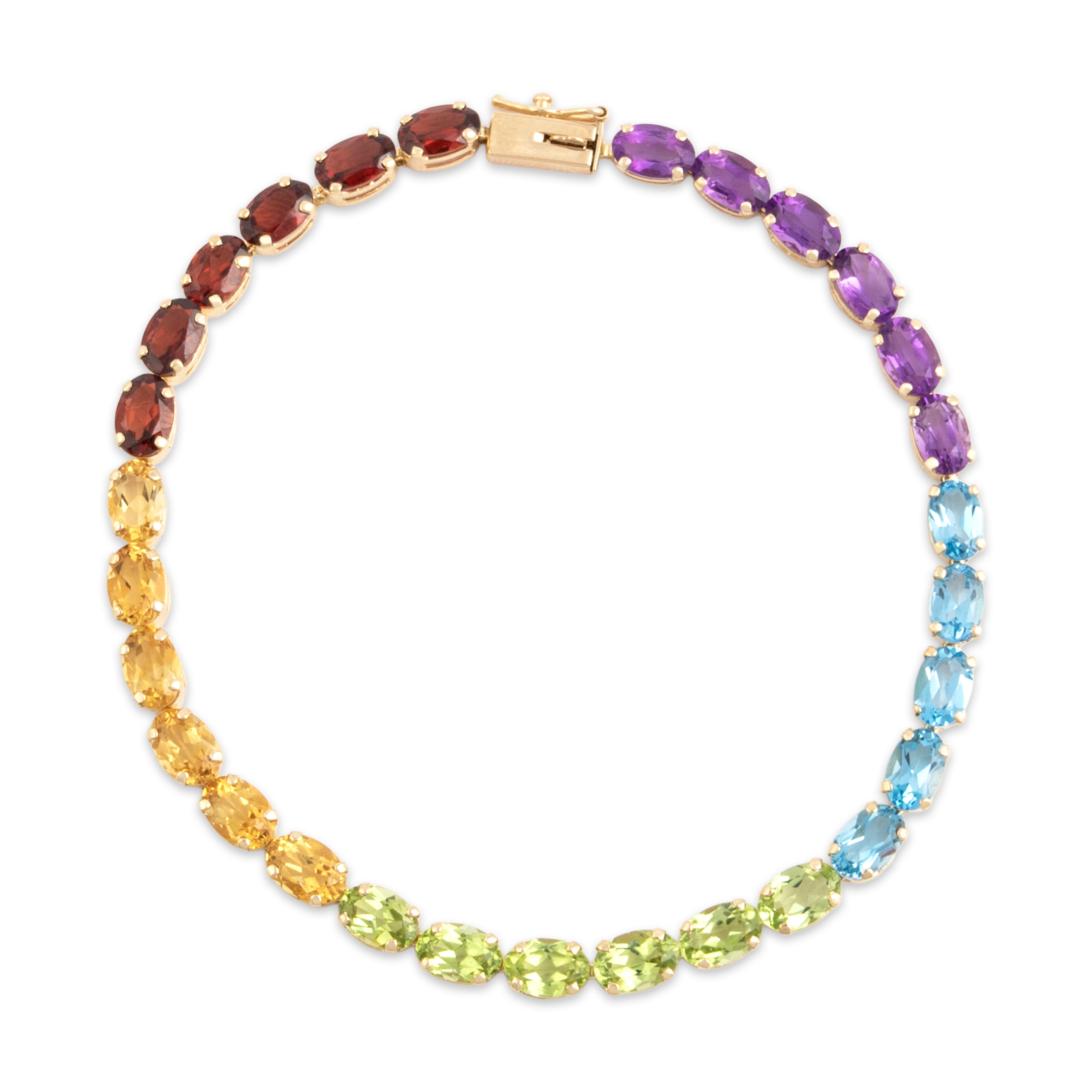 Vintage 14k Yellow Gold 2.73cttw Peridot 2.62cttw Garnet 2.5cttw Citrine 2.32cttw Blue Topaz 2.21cttw Amethyst Fabulous Rainbow Line Bracelet - Close-up view