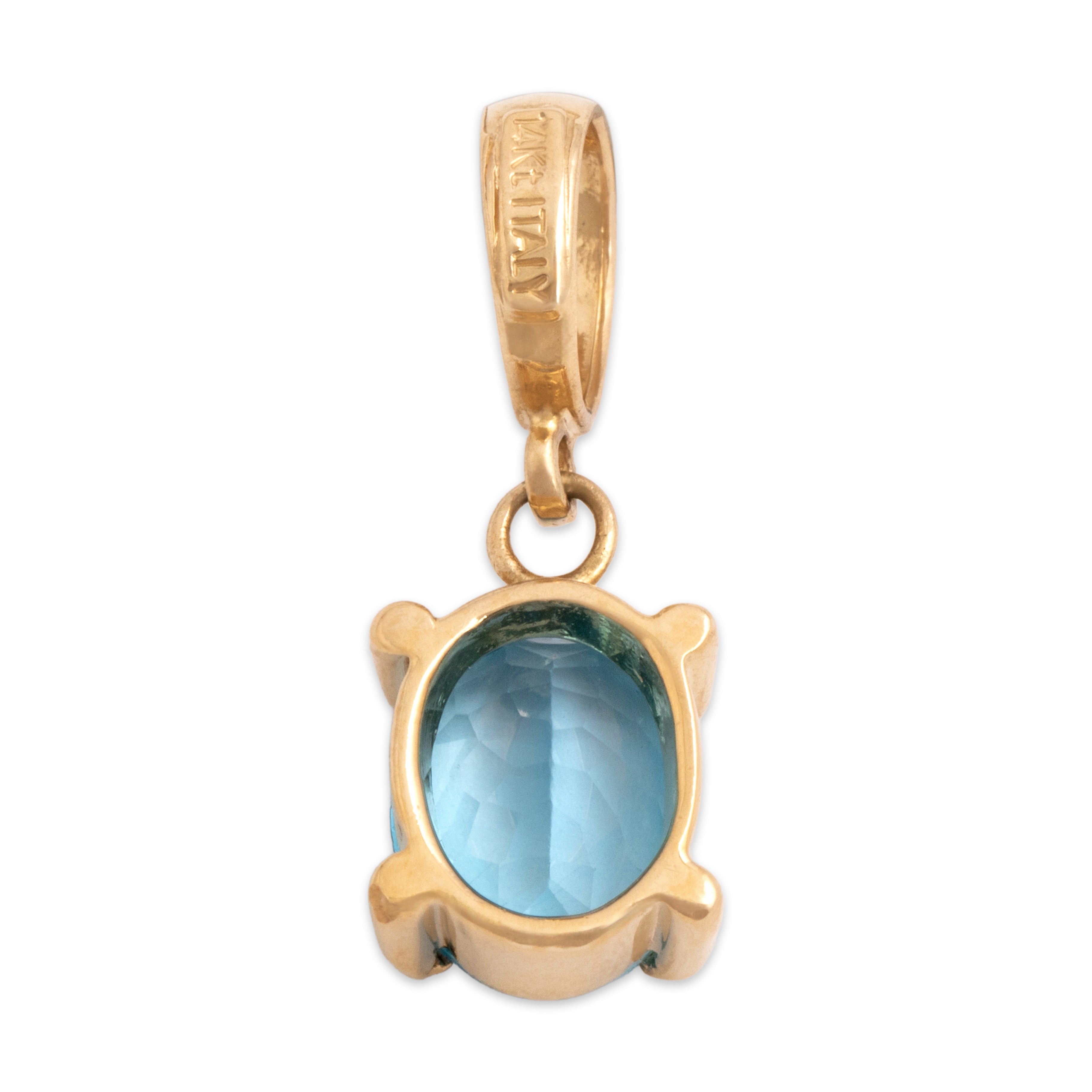 Vintage Italian 14k Yellow Gold 2.99ct Blue Topaz Striking Bright Pool Solitaire Pendant - Back view
