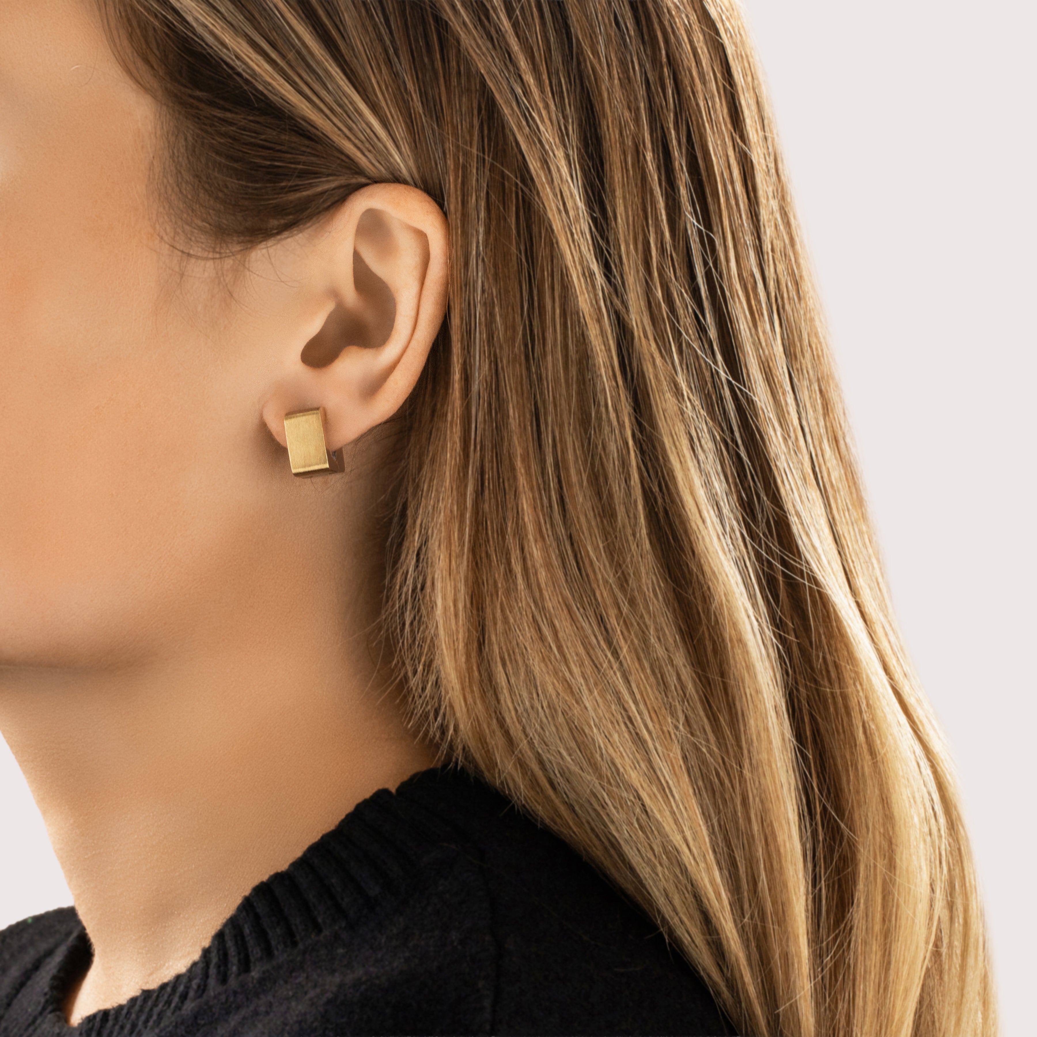 Vintage Substantial 14k Yellow & White Gold Brushed Square Modern Huggie Earrings - On model view