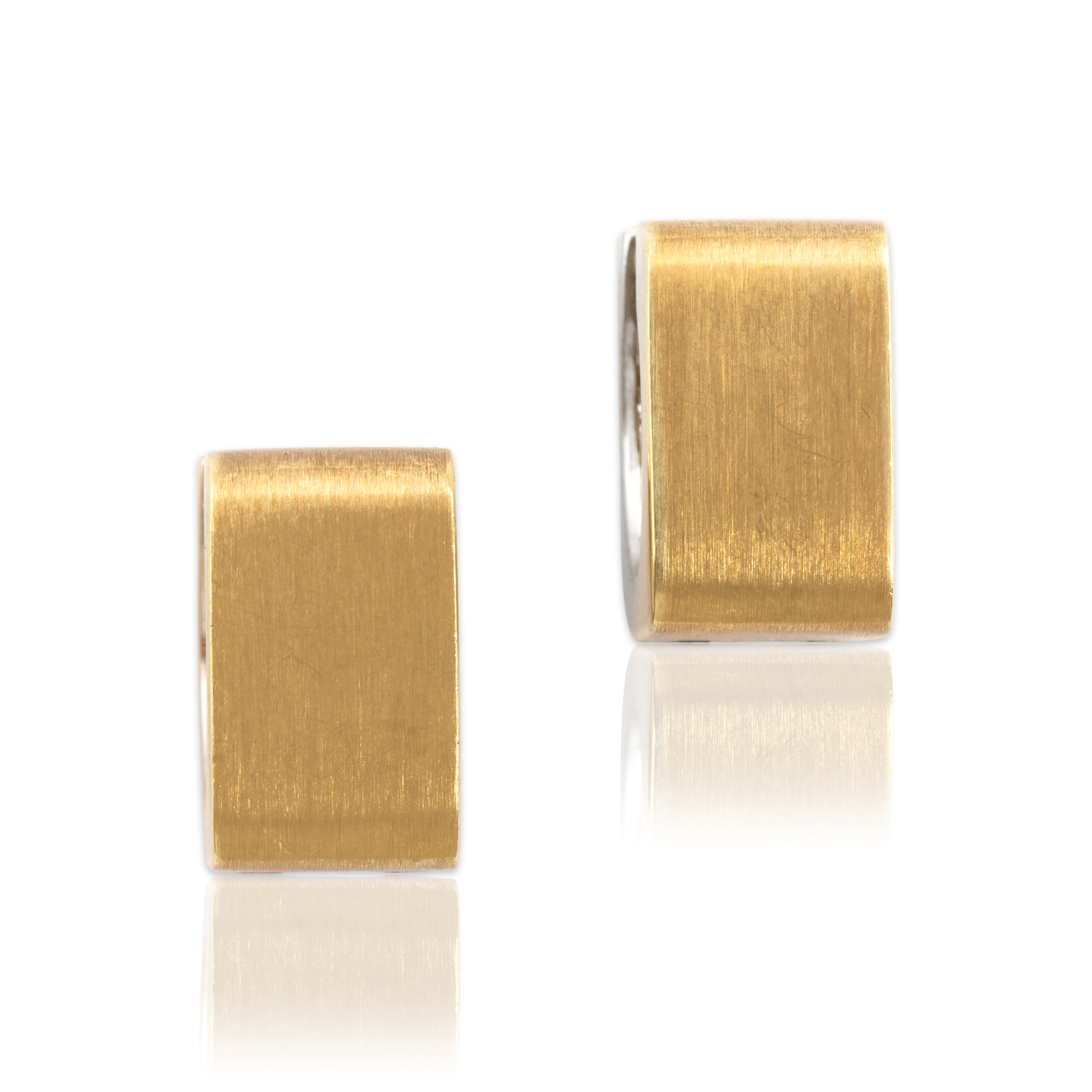Vintage Substantial 14k Yellow & White Gold Brushed Square Modern Huggie Earrings - Close-up view