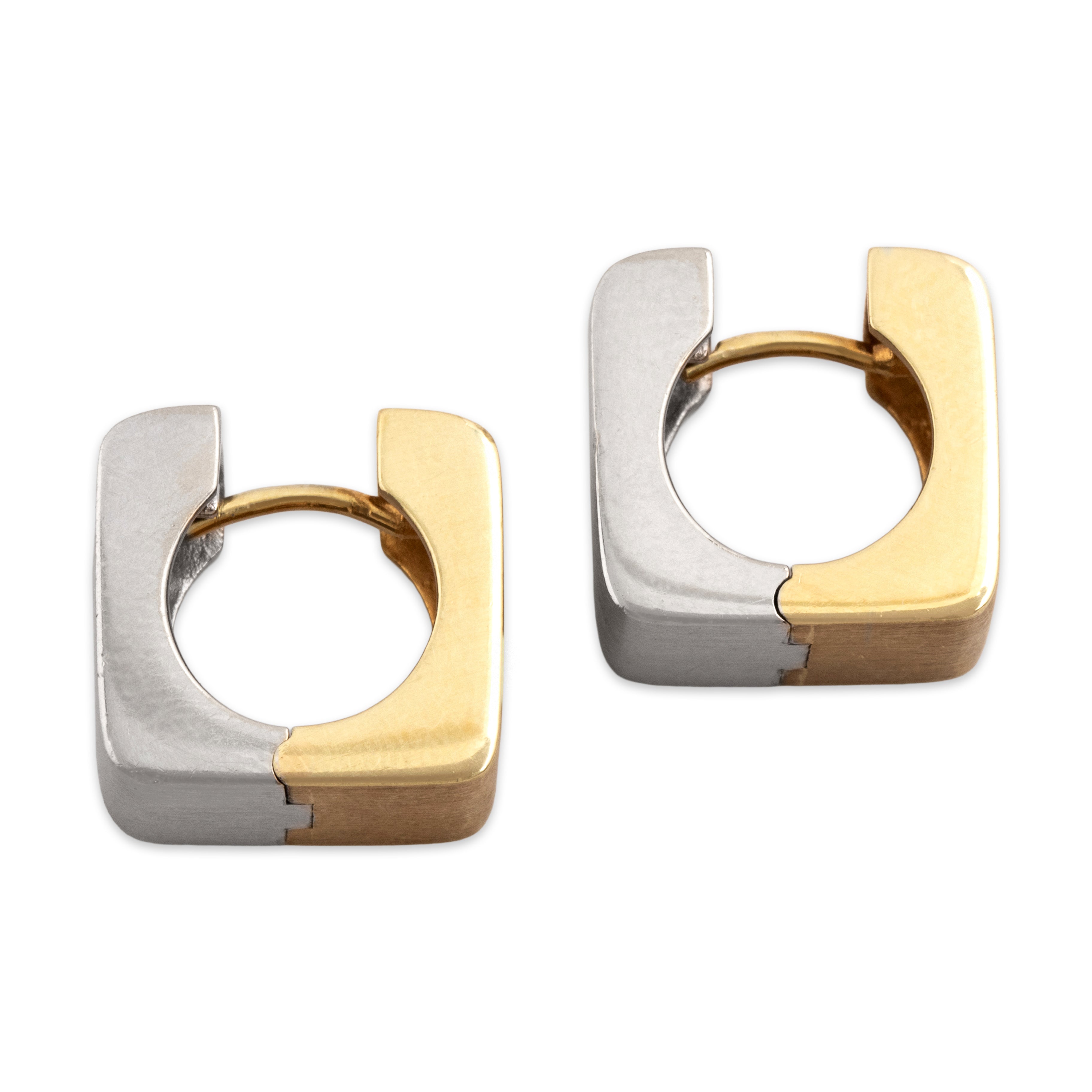 Vintage Substantial 14k Yellow & White Gold Brushed Square Modern Huggie Earrings - Overall view