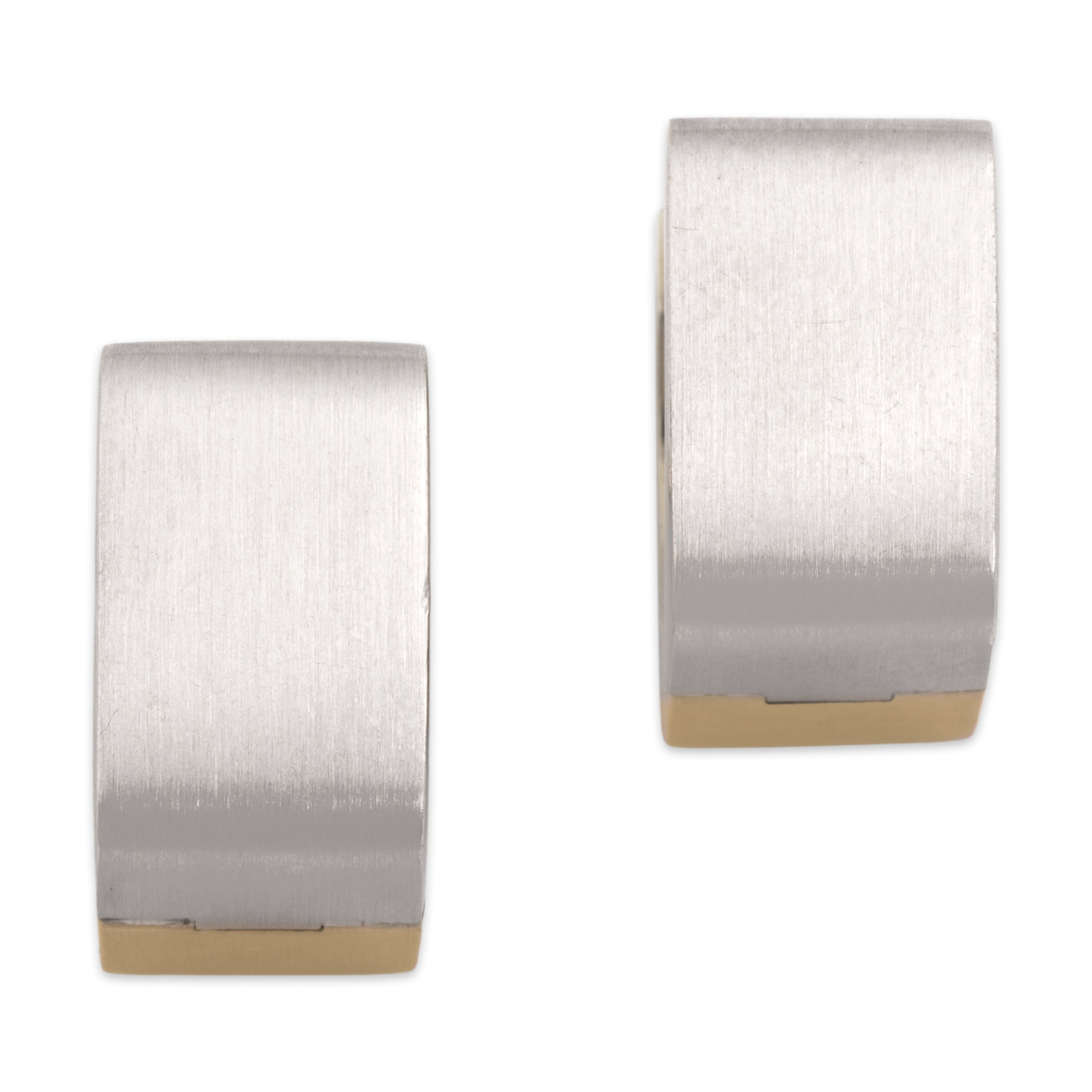 Vintage Substantial 14k Yellow & White Gold Brushed Square Modern Huggie Earrings - Side view