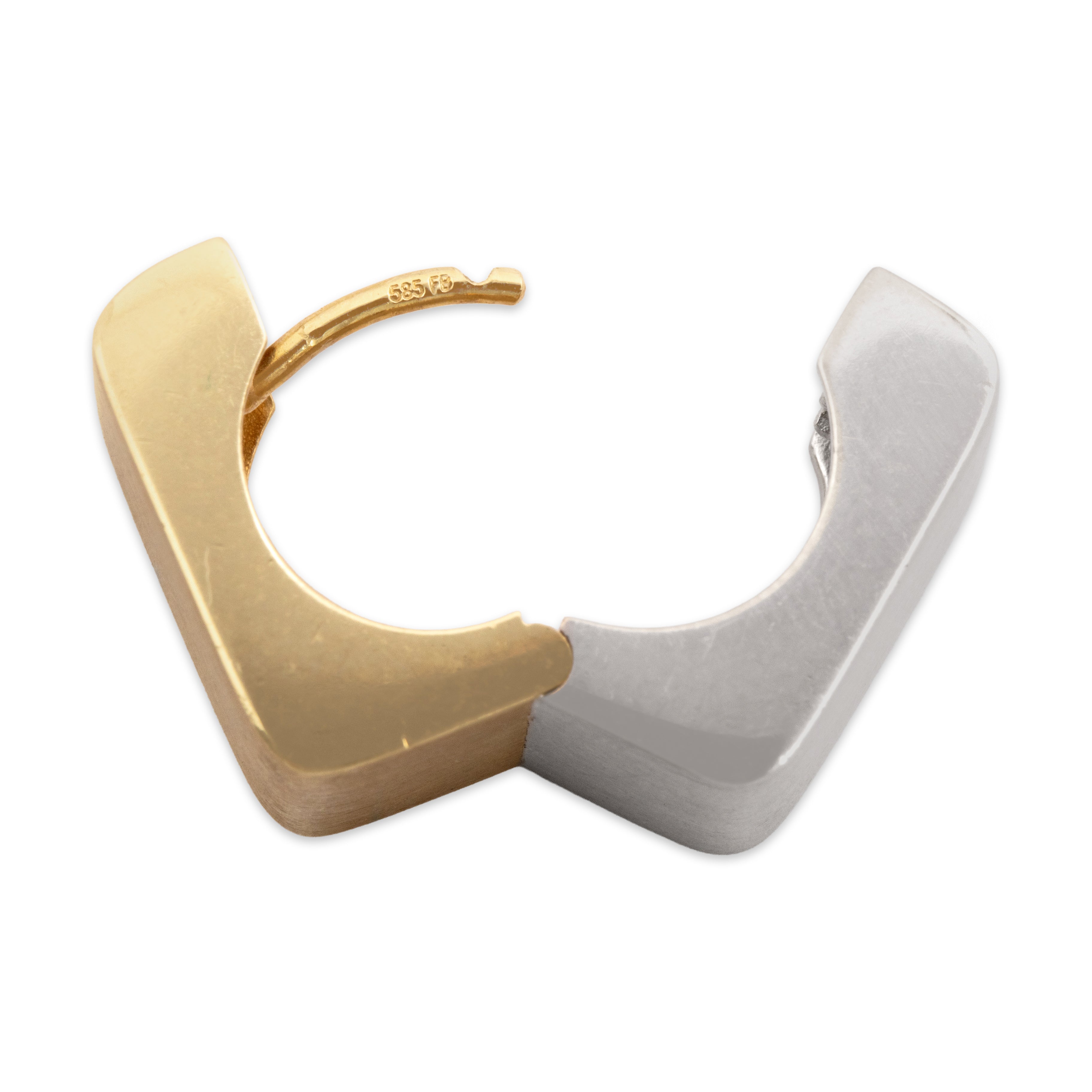 Vintage Substantial 14k Yellow & White Gold Brushed Square Modern Huggie Earrings - Hallmark view