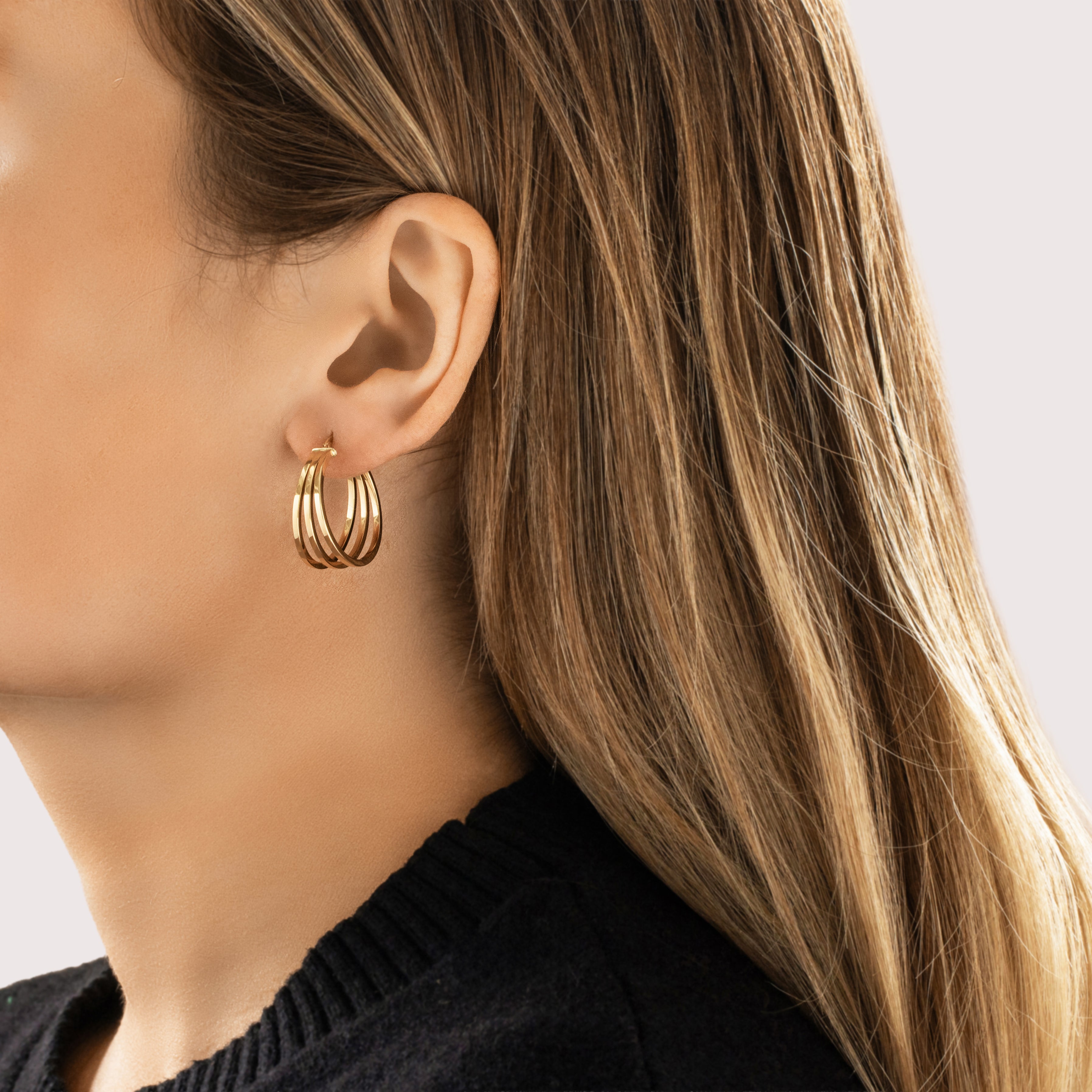 Vintage Italian 14k Yellow Gold Sleek Open Triple Hoop Earrings - On model view