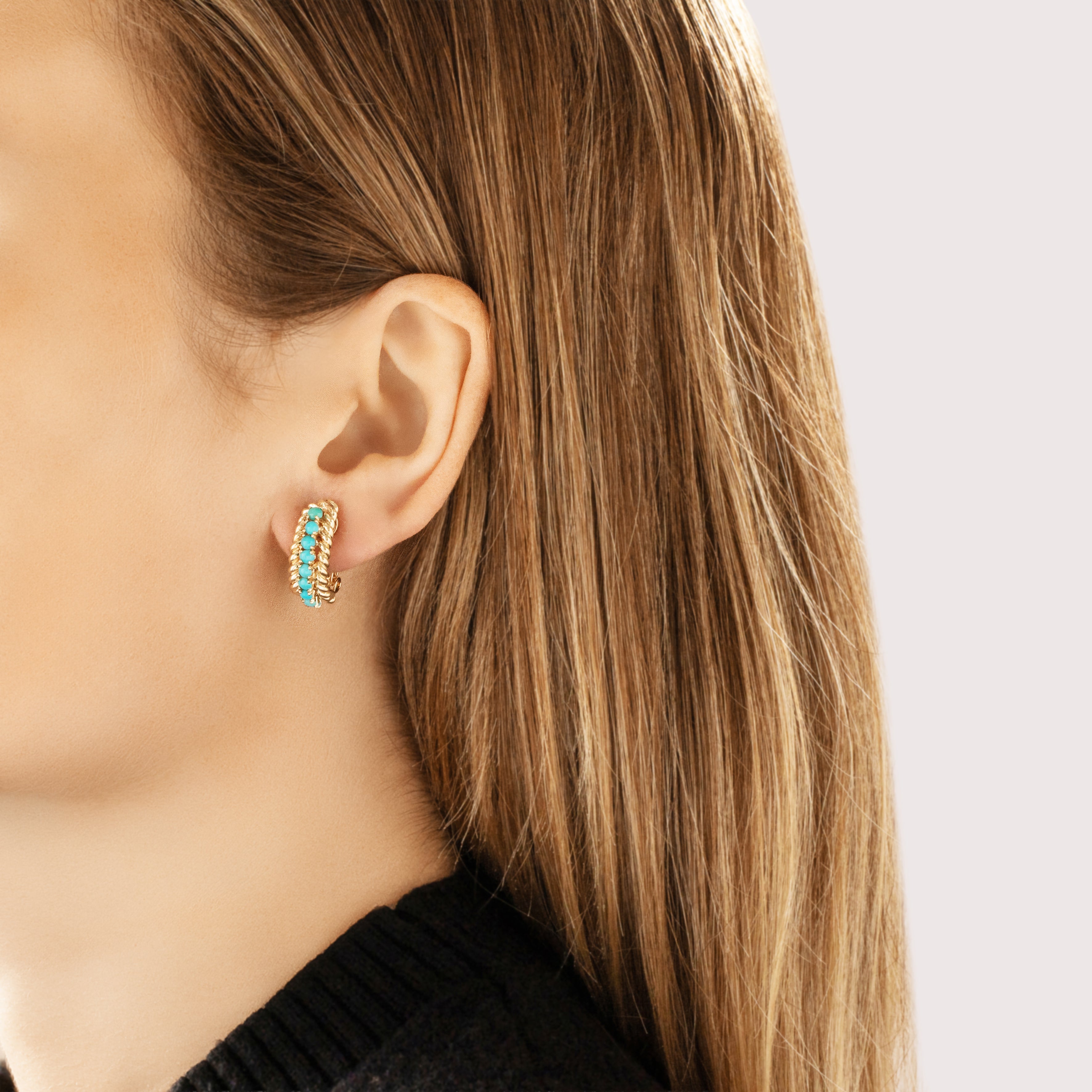 Vintage 14k Yellow Gold 1.29cttw Turquoise Stunning Half-Hoop Stud Earrings - On model view