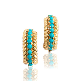 Vintage 14k Yellow Gold 1.29cttw Turquoise Superb Cabled Half-Hoop Earrings