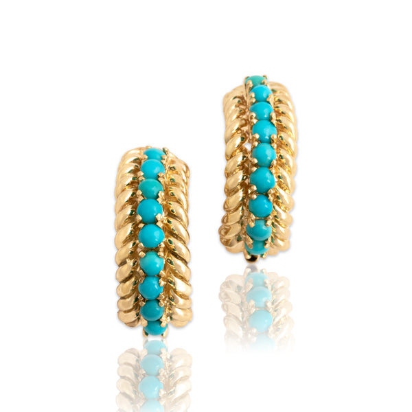 Vintage 14k Yellow Gold 1.29cttw Turquoise Superb Cabled Half-Hoop Earrings