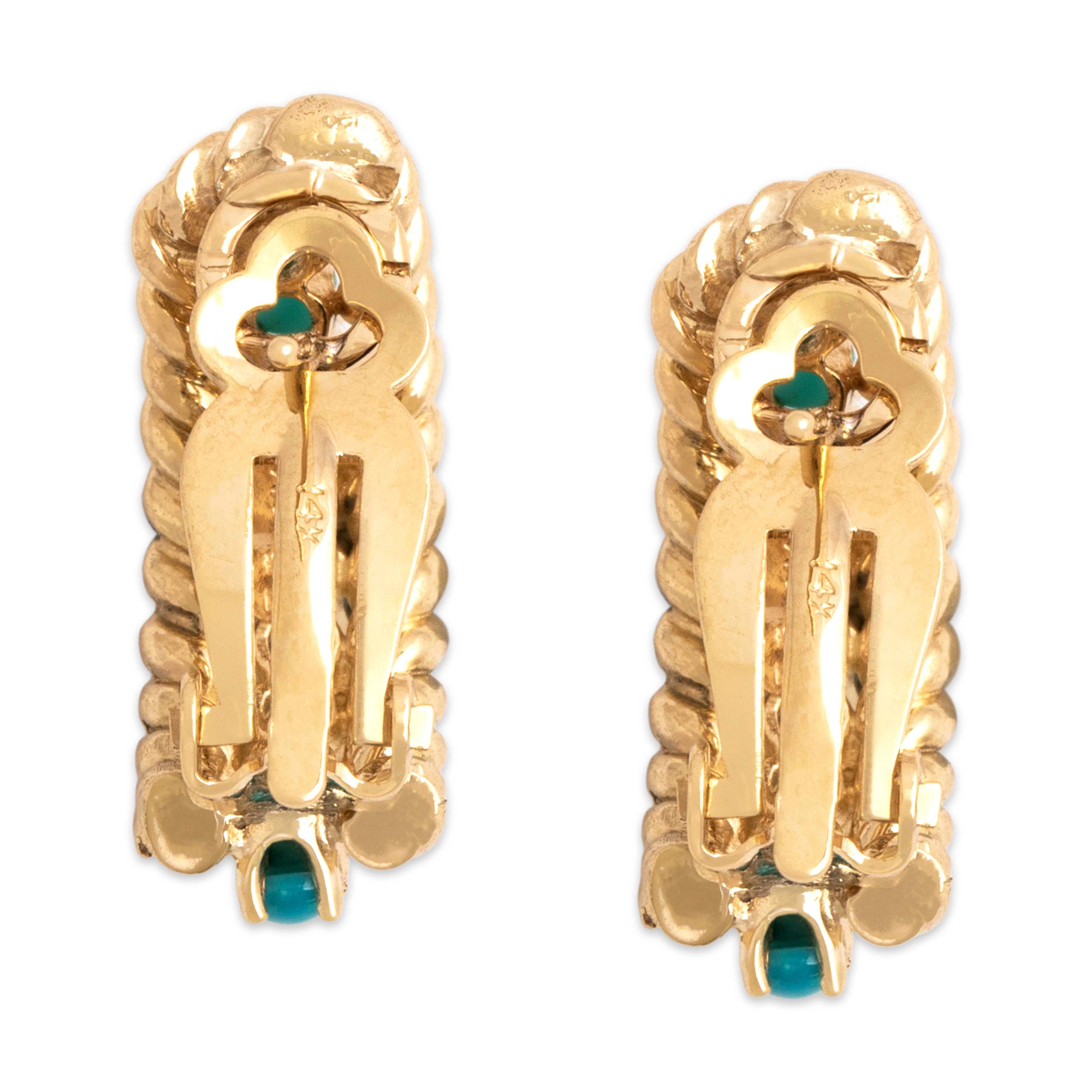 Vintage 14k Yellow Gold 1.29cttw Turquoise Stunning Half-Hoop Stud Earrings - Back view
