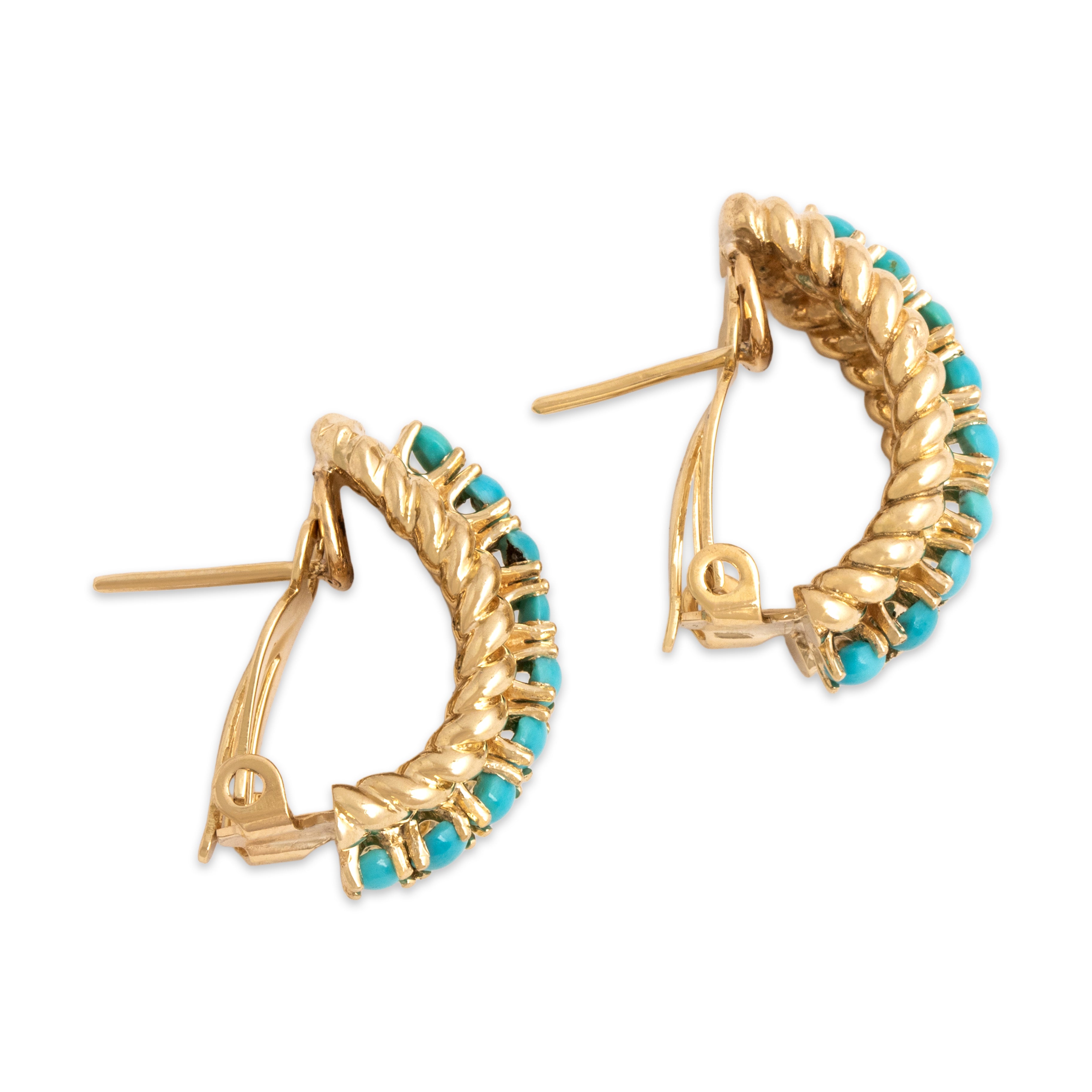 Vintage 14k Yellow Gold 1.29cttw Turquoise Stunning Half-Hoop Stud Earrings - Side view