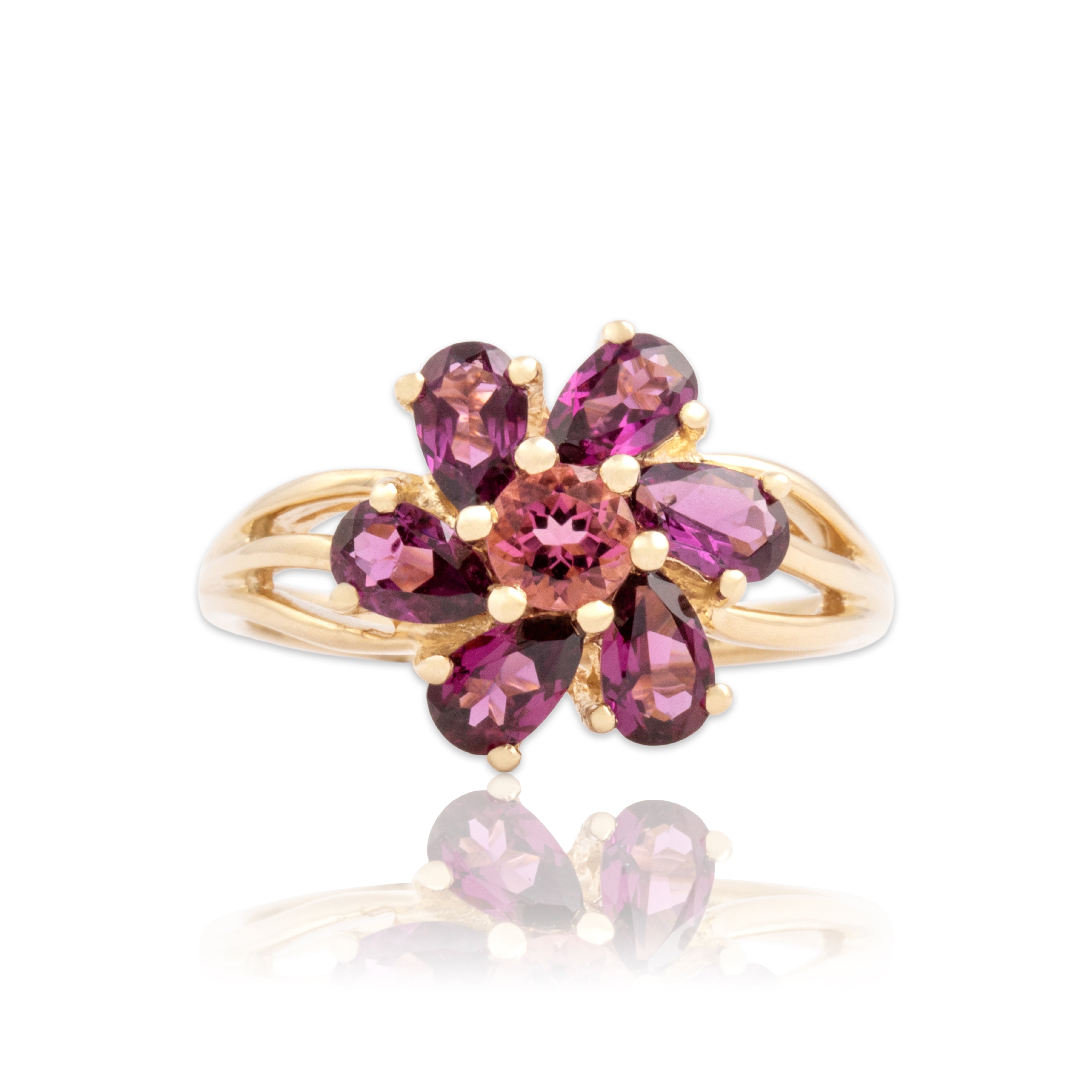 Vintage 14k Yellow Gold .88cttw Purple Garnet Pink Tourmaline Bright Twirling Flower Ring - Close-up view