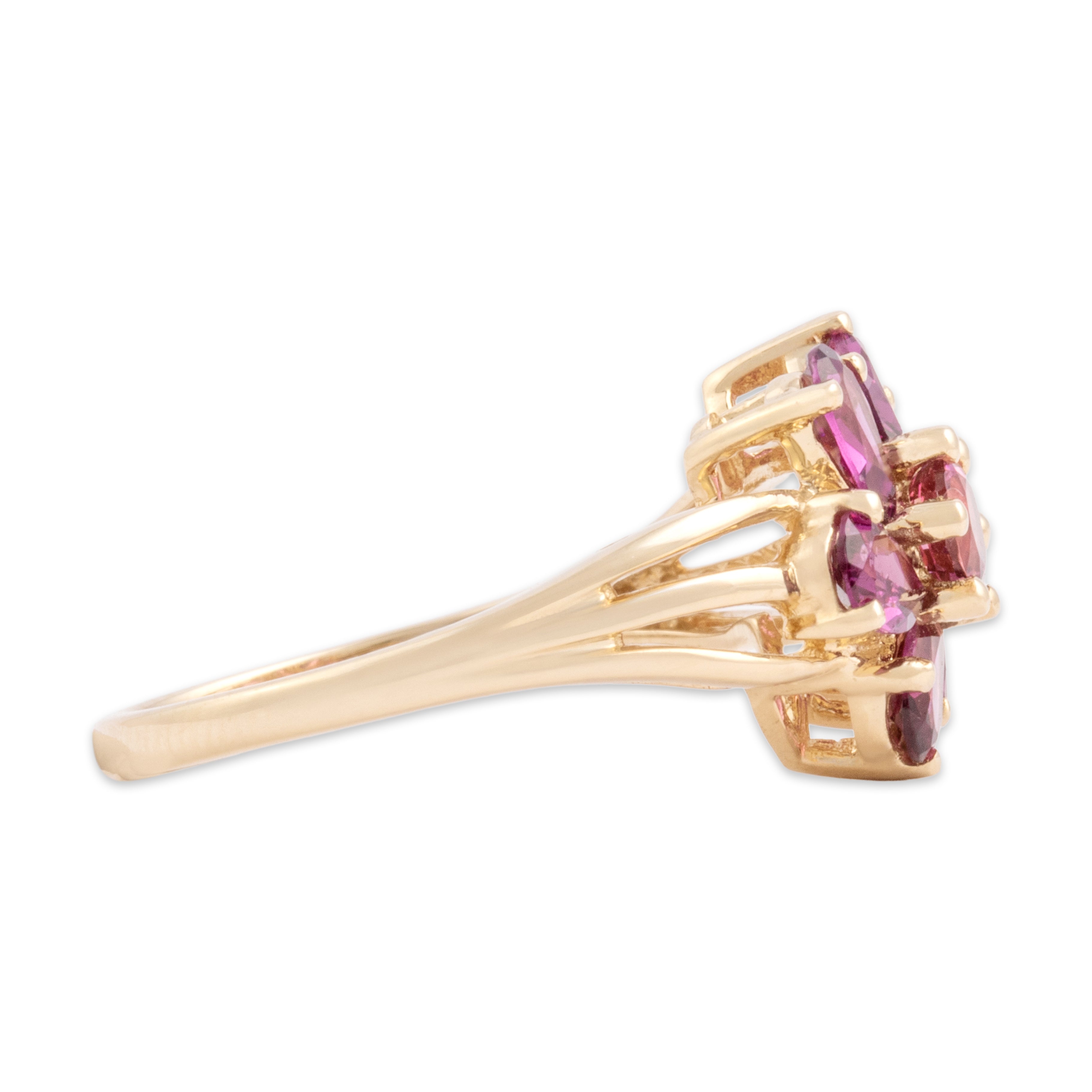 Vintage 14k Yellow Gold .88cttw Purple Garnet Pink Tourmaline Bright Twirling Flower Ring - Side view